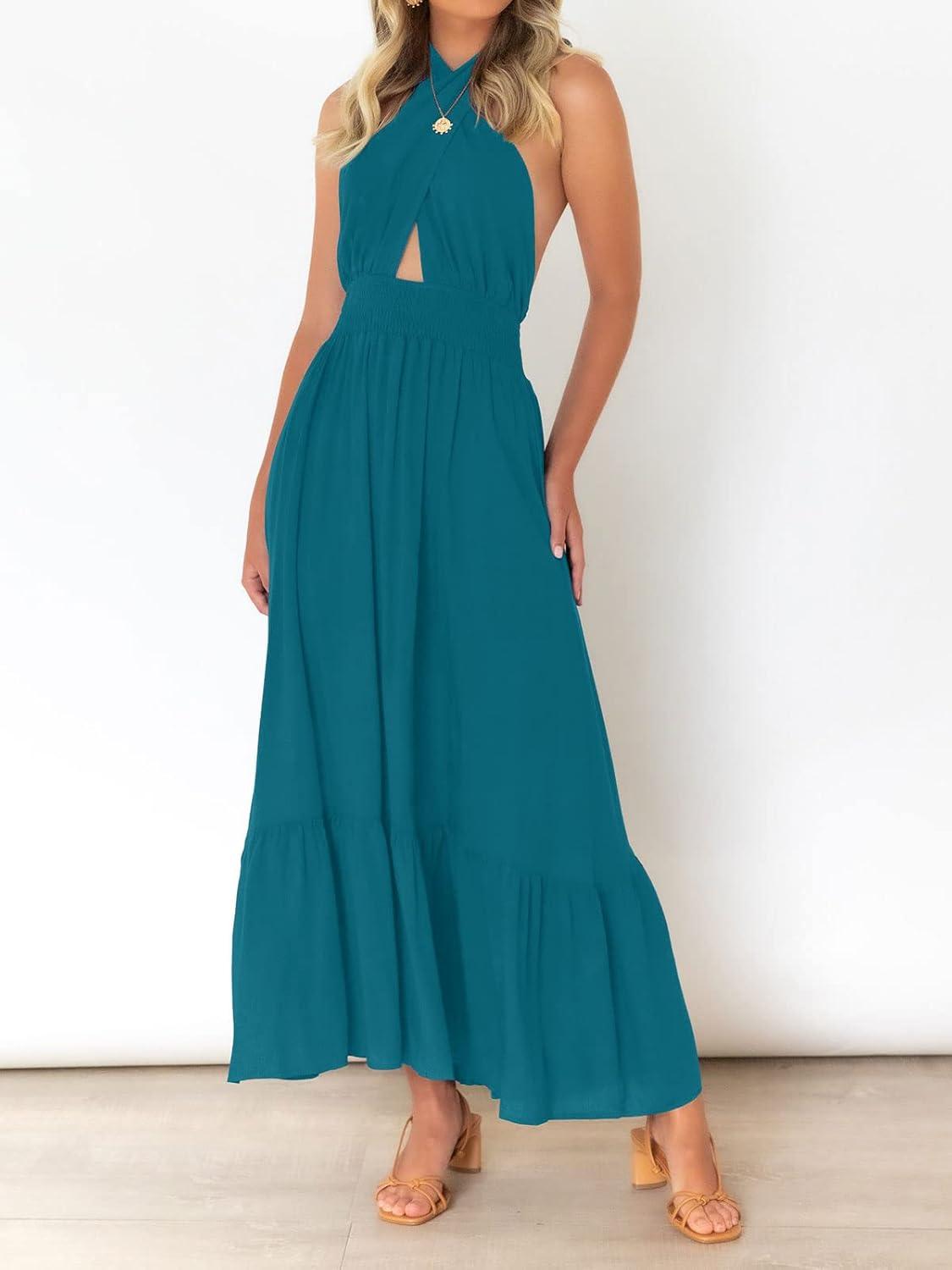 imageZESICA Womens 2026 Summer Crossover Halter Neck Sleeveless Plaid Cut Out Backless Flowy A Line Maxi DressTeal