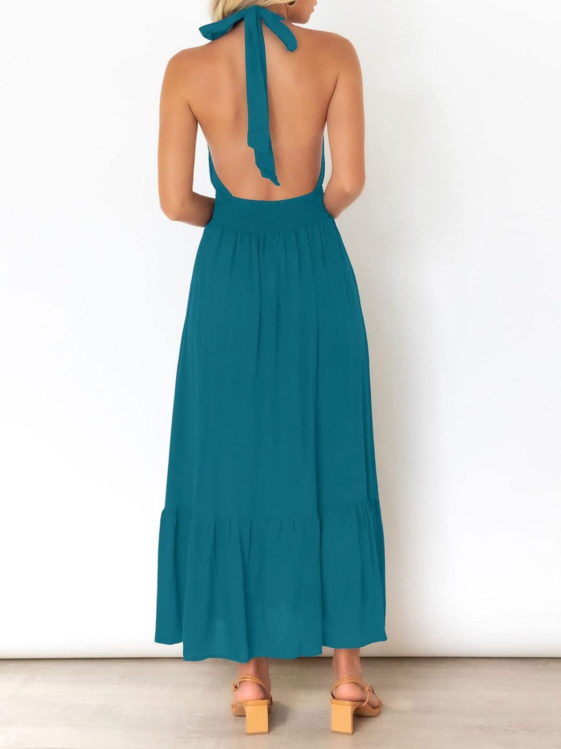 imageZESICA Womens 2026 Summer Crossover Halter Neck Sleeveless Plaid Cut Out Backless Flowy A Line Maxi DressTeal