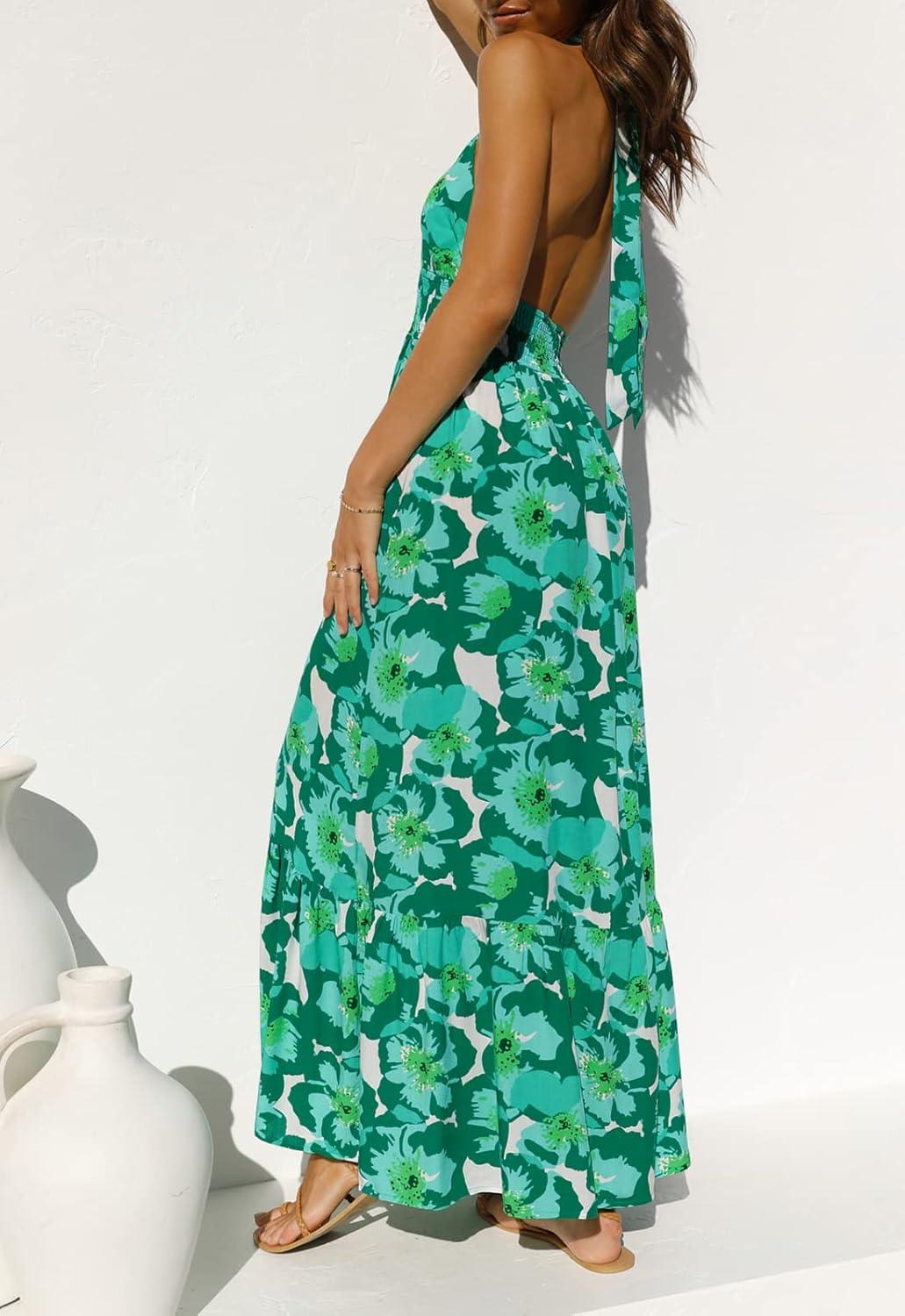 imageZESICA Womens 2026 Summer Crossover Halter Neck Sleeveless Plaid Cut Out Backless Flowy A Line Maxi DressViridis