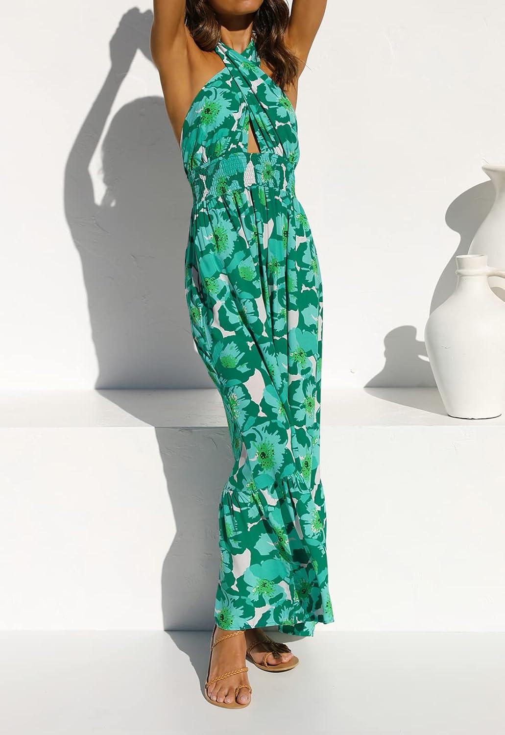 imageZESICA Womens 2026 Summer Crossover Halter Neck Sleeveless Plaid Cut Out Backless Flowy A Line Maxi DressViridis