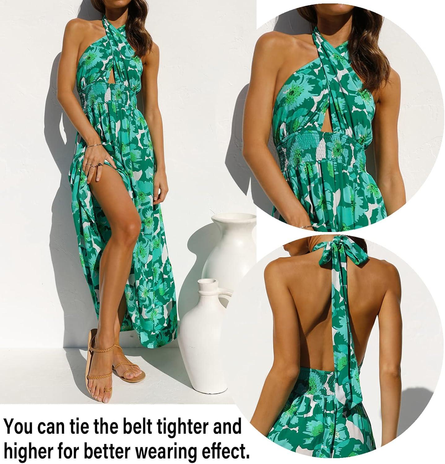 imageZESICA Womens 2026 Summer Crossover Halter Neck Sleeveless Plaid Cut Out Backless Flowy A Line Maxi DressViridis