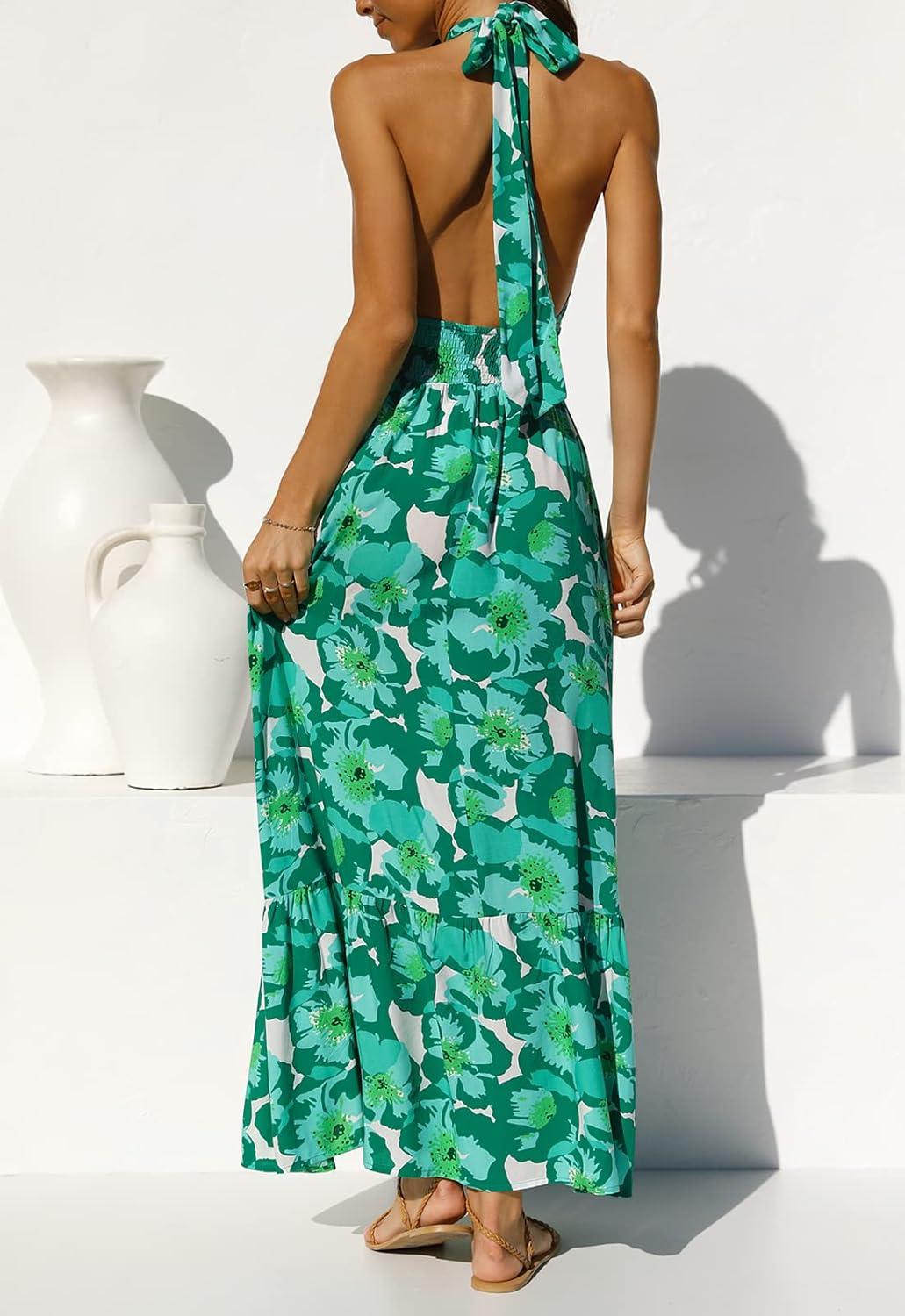 imageZESICA Womens 2026 Summer Crossover Halter Neck Sleeveless Plaid Cut Out Backless Flowy A Line Maxi DressViridis