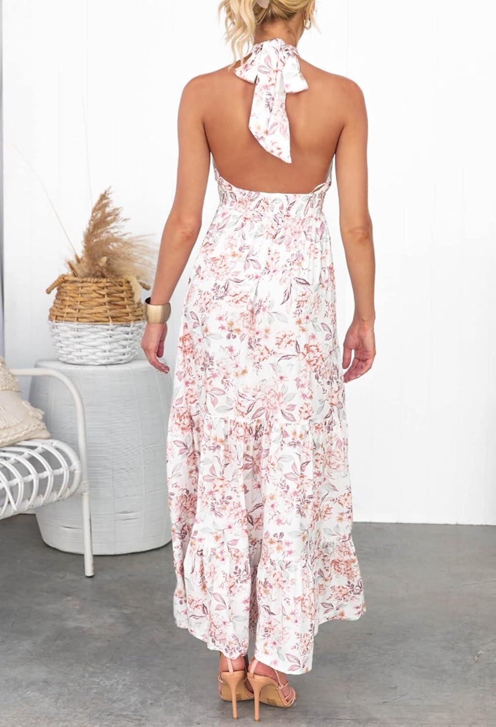 imageZESICA Womens 2026 Summer Crossover Halter Neck Sleeveless Plaid Cut Out Backless Flowy A Line Maxi DressWhite
