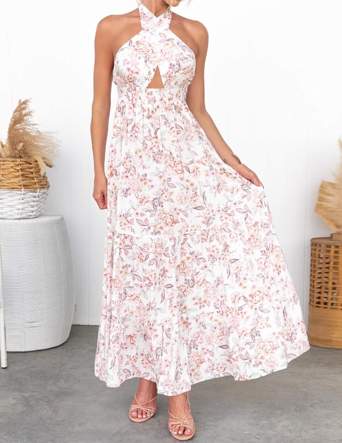 imageZESICA Womens 2026 Summer Crossover Halter Neck Sleeveless Plaid Cut Out Backless Flowy A Line Maxi DressWhite