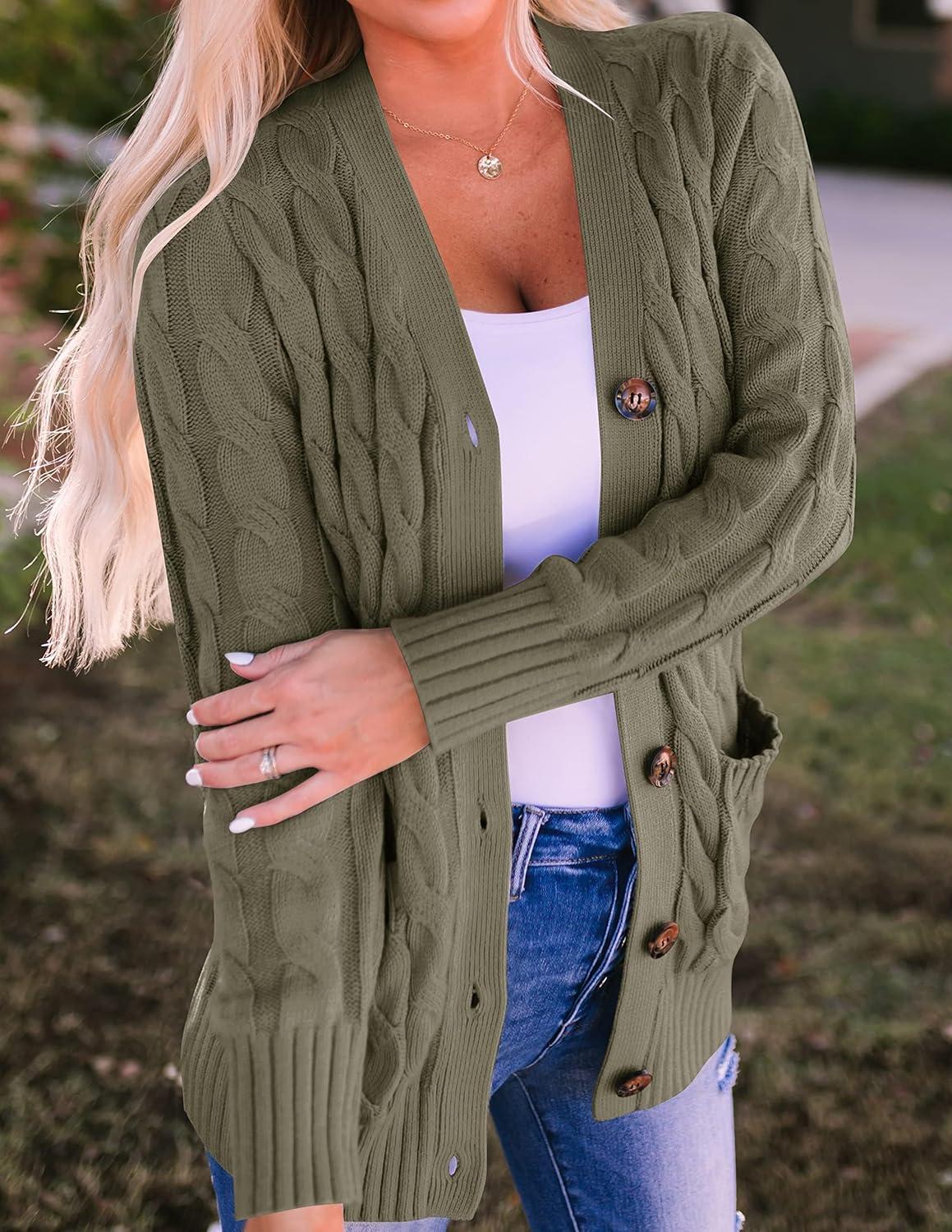 imageZESICA Womens Cardigan Sweaters 2026 Spring Button Down Open Front Cable Knit Casual Trendy Clothing OuterwearArmygreen