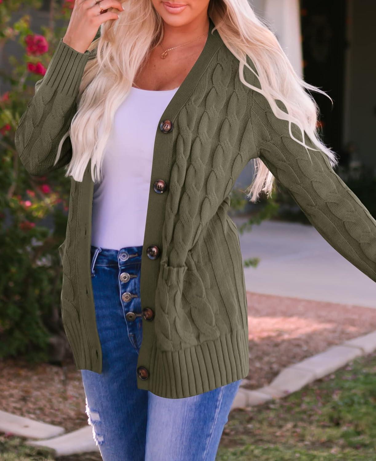 imageZESICA Womens Cardigan Sweaters 2026 Spring Button Down Open Front Cable Knit Casual Trendy Clothing OuterwearArmygreen