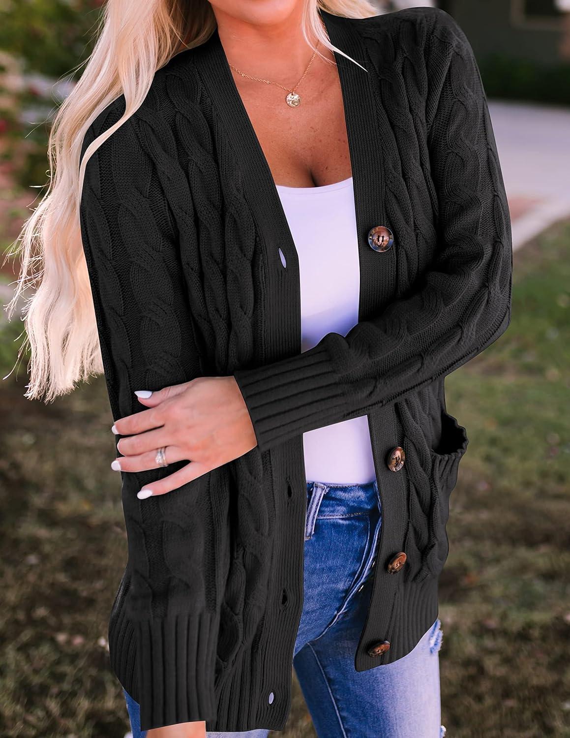 imageZESICA Womens Cardigan Sweaters 2026 Spring Button Down Open Front Cable Knit Casual Trendy Clothing OuterwearBlack2