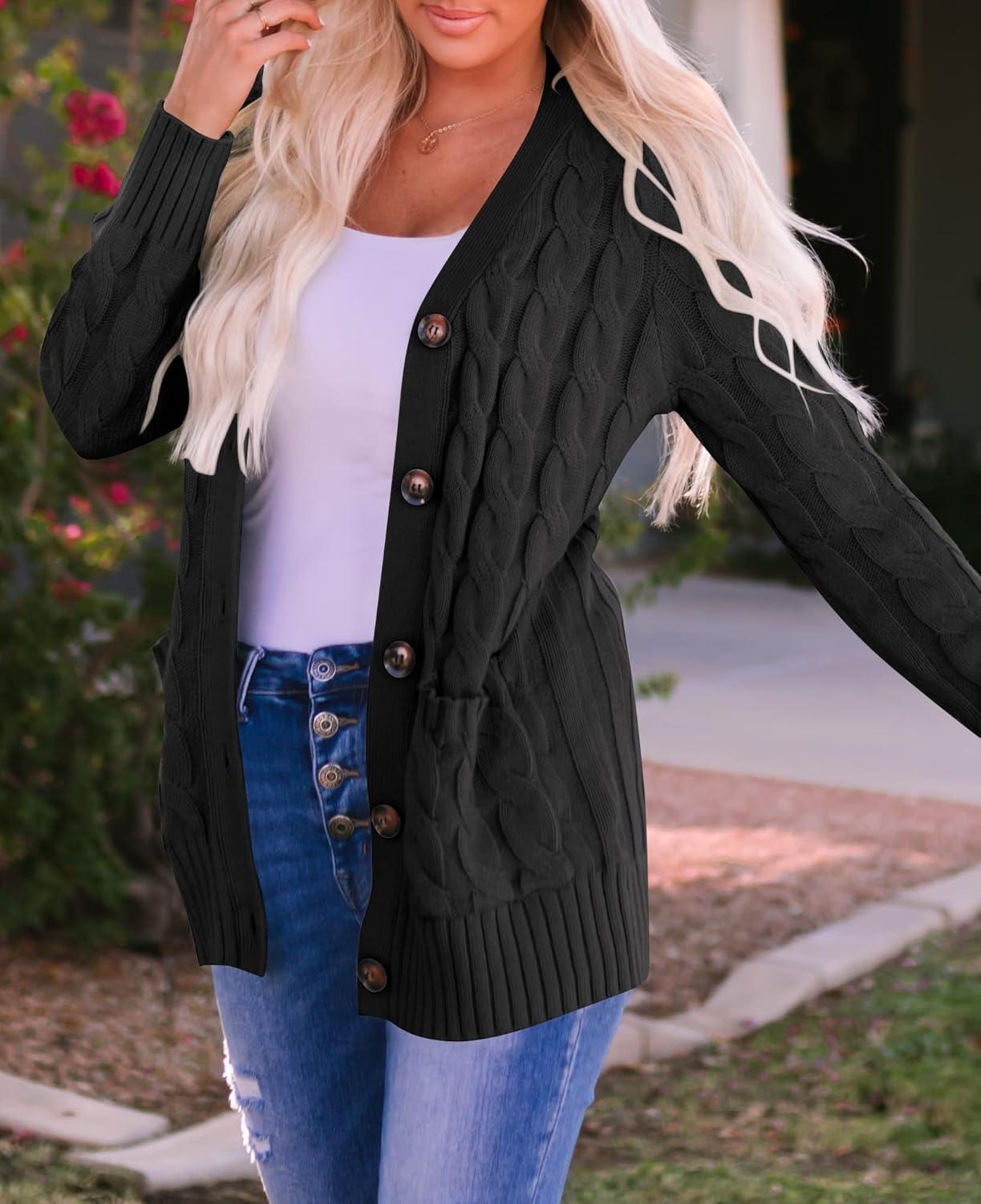imageZESICA Womens Cardigan Sweaters 2026 Spring Button Down Open Front Cable Knit Casual Trendy Clothing OuterwearBlack2