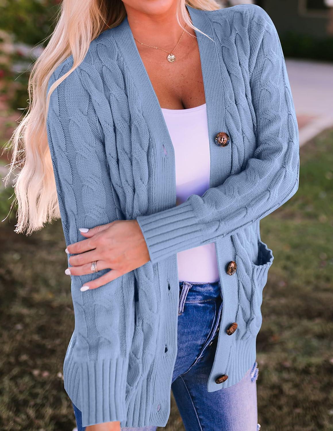 imageZESICA Womens Cardigan Sweaters 2026 Spring Button Down Open Front Cable Knit Casual Trendy Clothing OuterwearBlue