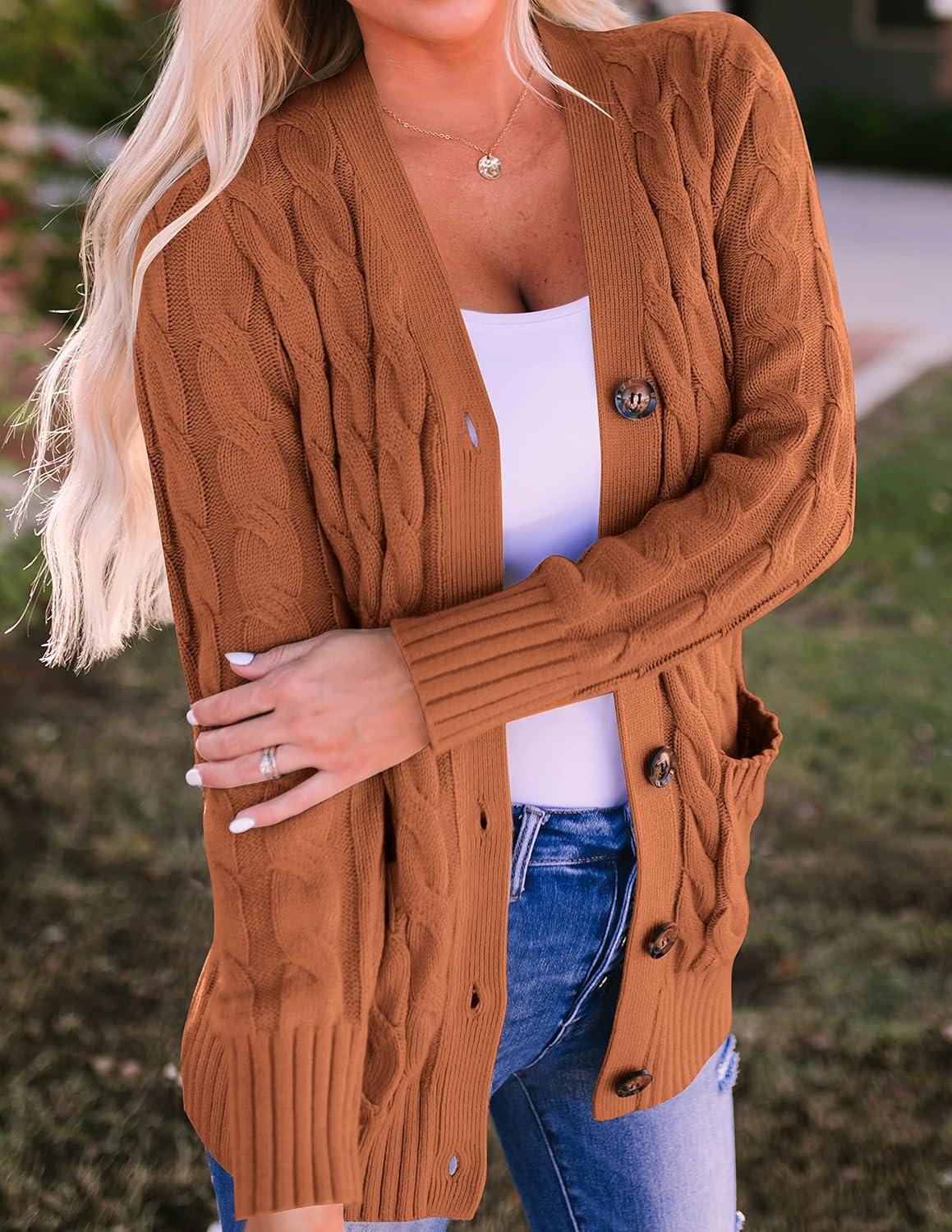 imageZESICA Womens Cardigan Sweaters 2026 Spring Button Down Open Front Cable Knit Casual Trendy Clothing OuterwearBrown
