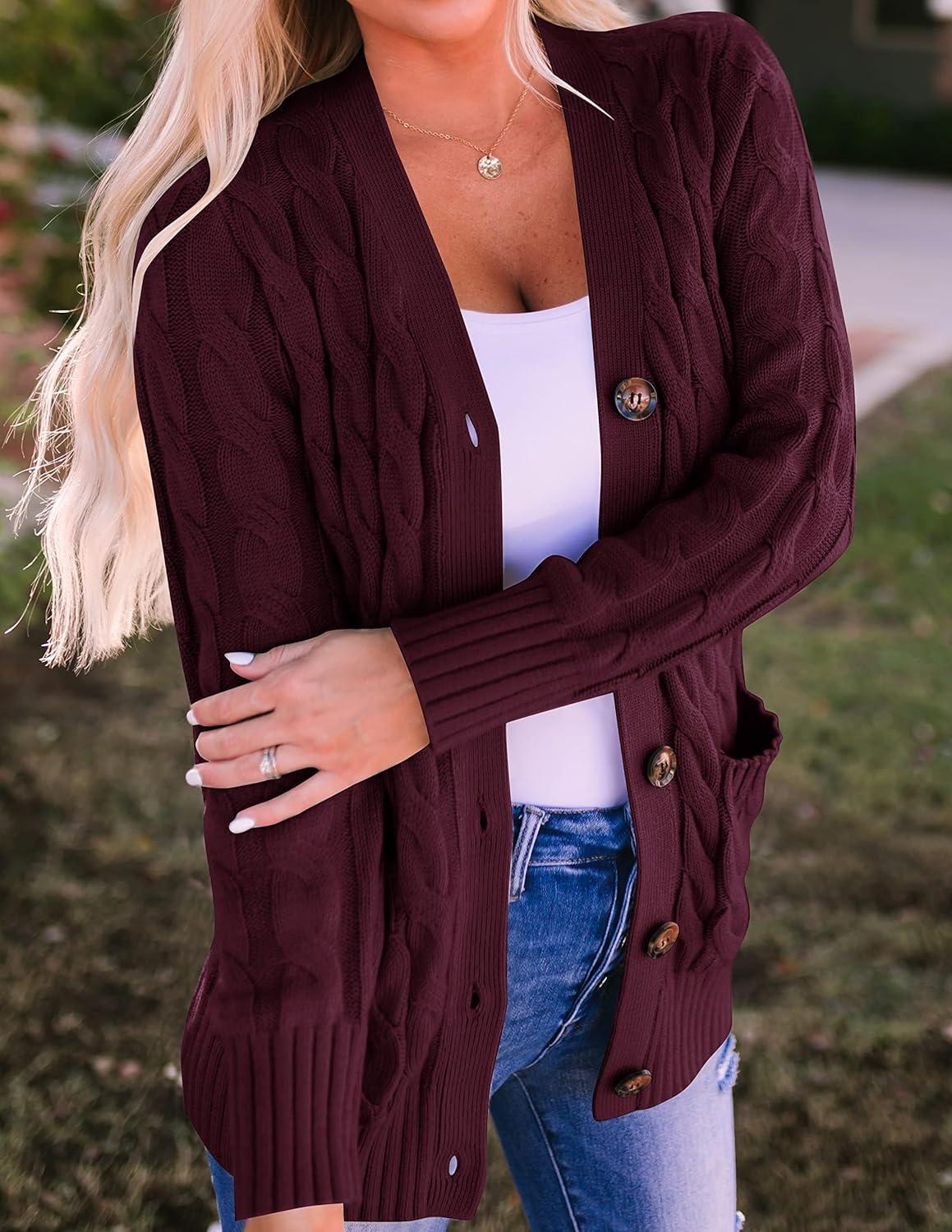 imageZESICA Womens Cardigan Sweaters 2026 Spring Button Down Open Front Cable Knit Casual Trendy Clothing OuterwearBurgundy