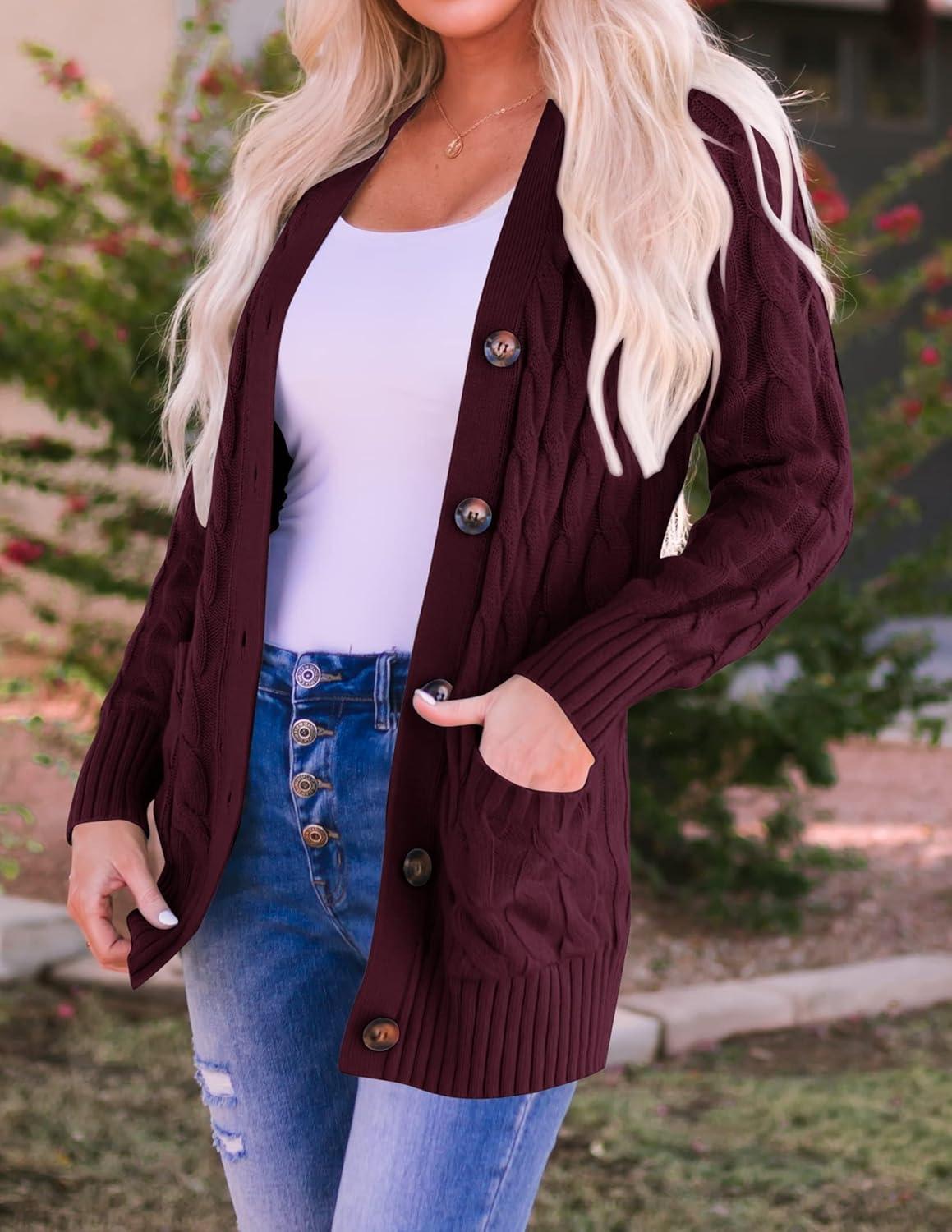 imageZESICA Womens Cardigan Sweaters 2026 Spring Button Down Open Front Cable Knit Casual Trendy Clothing OuterwearBurgundy