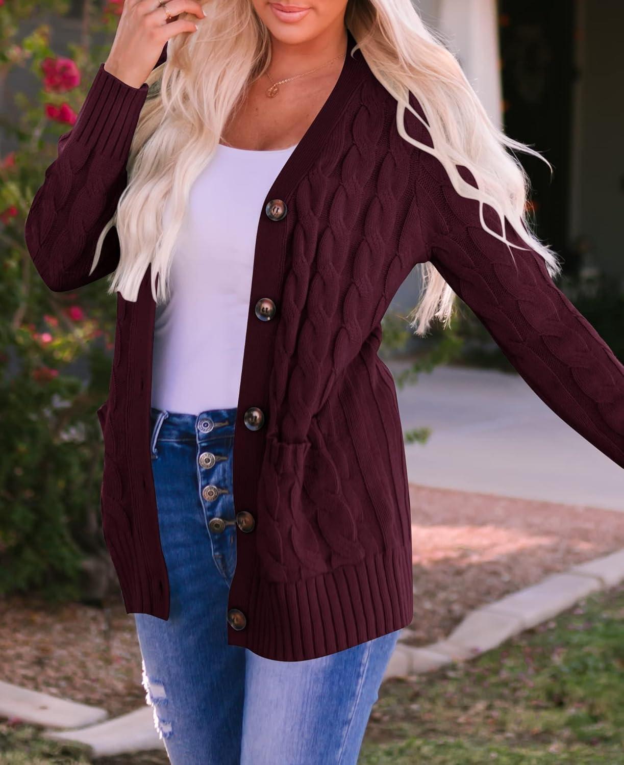 imageZESICA Womens Cardigan Sweaters 2026 Spring Button Down Open Front Cable Knit Casual Trendy Clothing OuterwearBurgundy