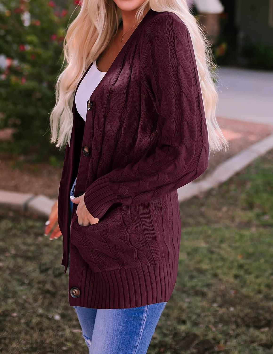 imageZESICA Womens Cardigan Sweaters 2026 Spring Button Down Open Front Cable Knit Casual Trendy Clothing OuterwearBurgundy