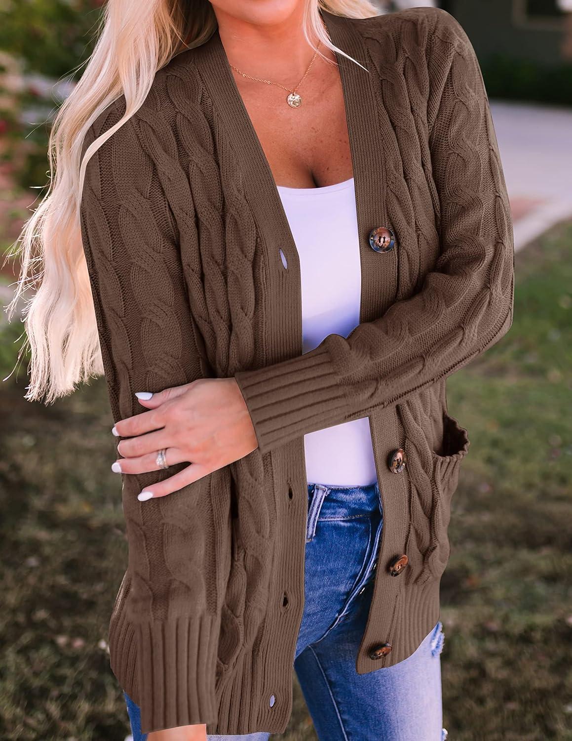 imageZESICA Womens Cardigan Sweaters 2026 Spring Button Down Open Front Cable Knit Casual Trendy Clothing OuterwearCoffee