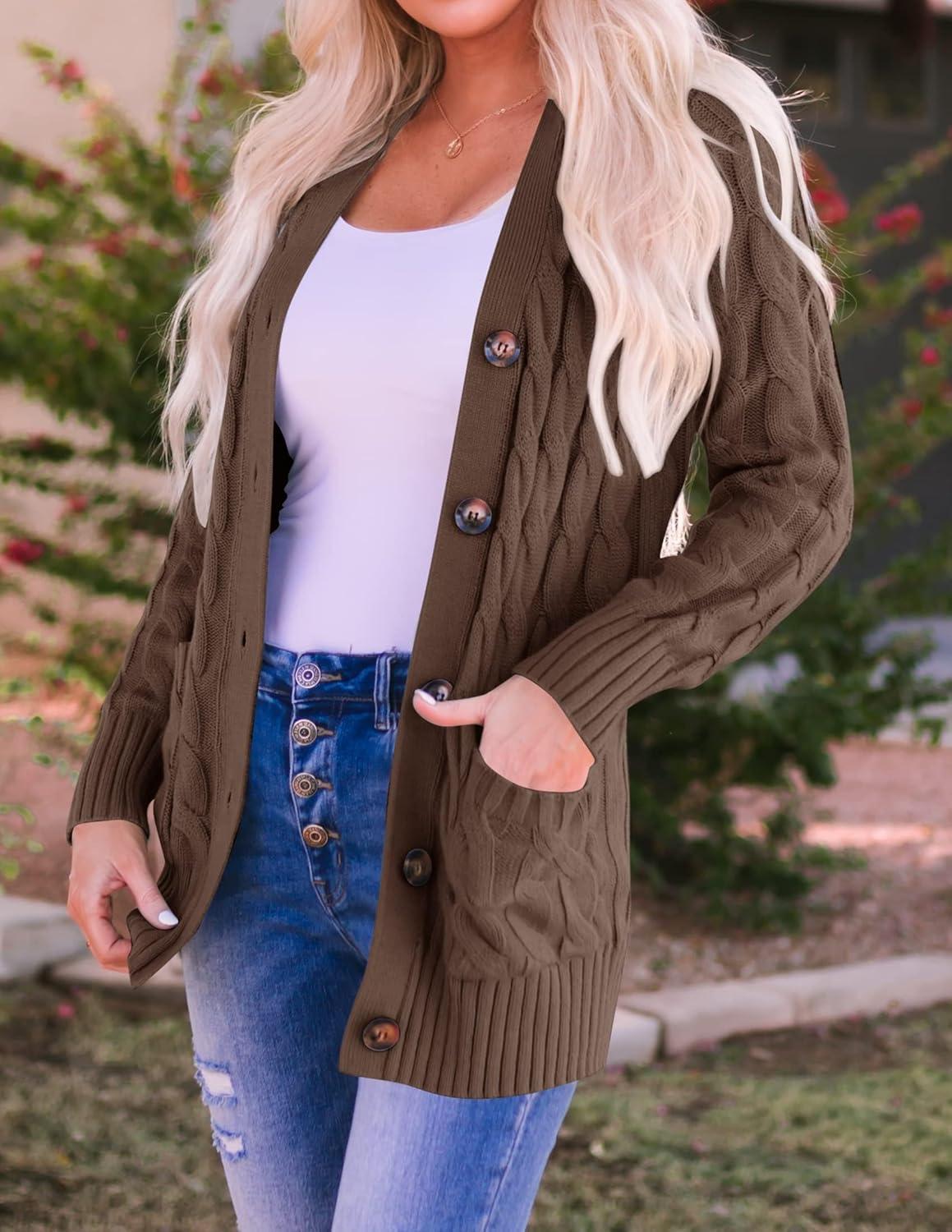 imageZESICA Womens Cardigan Sweaters 2026 Spring Button Down Open Front Cable Knit Casual Trendy Clothing OuterwearCoffee