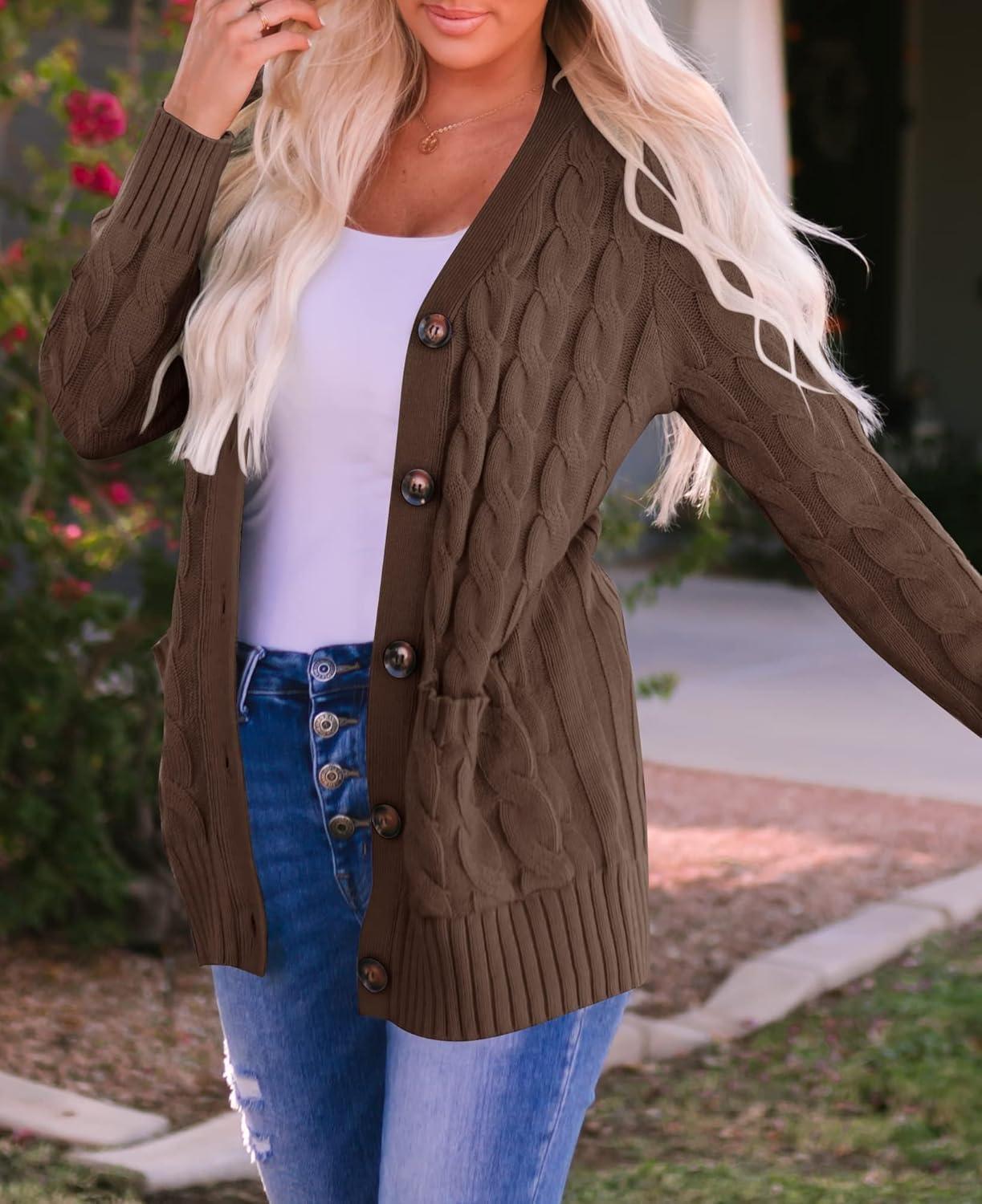 imageZESICA Womens Cardigan Sweaters 2026 Spring Button Down Open Front Cable Knit Casual Trendy Clothing OuterwearCoffee