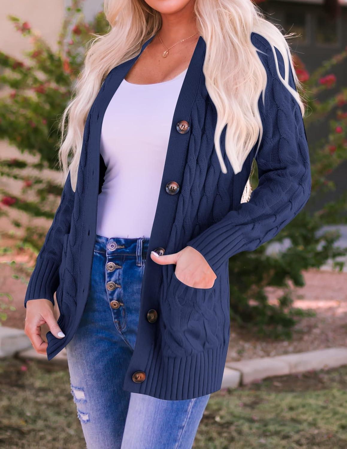 imageZESICA Womens Cardigan Sweaters 2026 Spring Button Down Open Front Cable Knit Casual Trendy Clothing OuterwearNavy