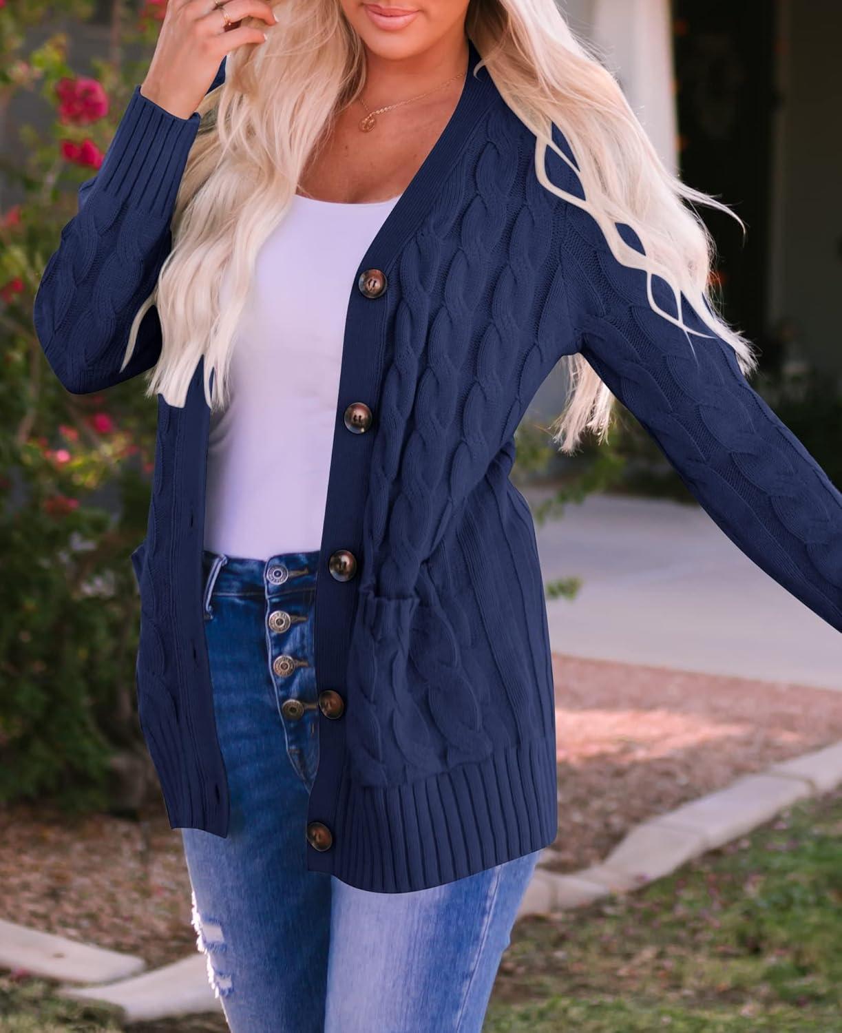 imageZESICA Womens Cardigan Sweaters 2026 Spring Button Down Open Front Cable Knit Casual Trendy Clothing OuterwearNavy