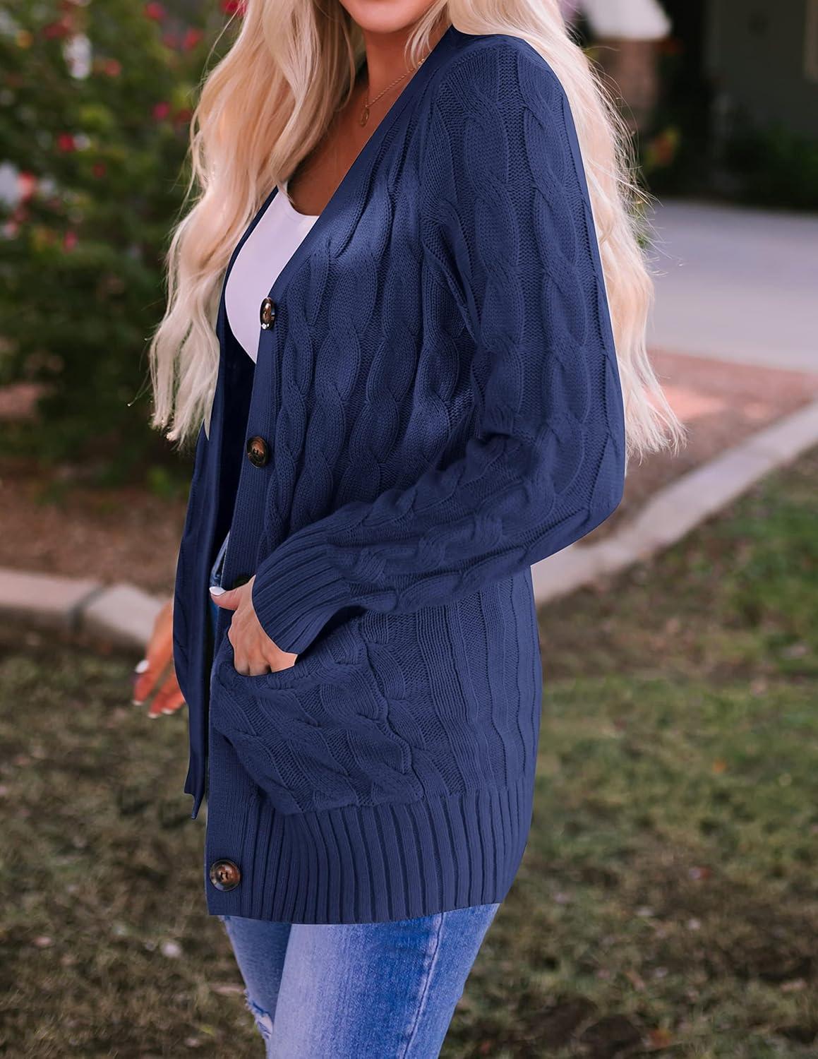 imageZESICA Womens Cardigan Sweaters 2026 Spring Button Down Open Front Cable Knit Casual Trendy Clothing OuterwearNavy