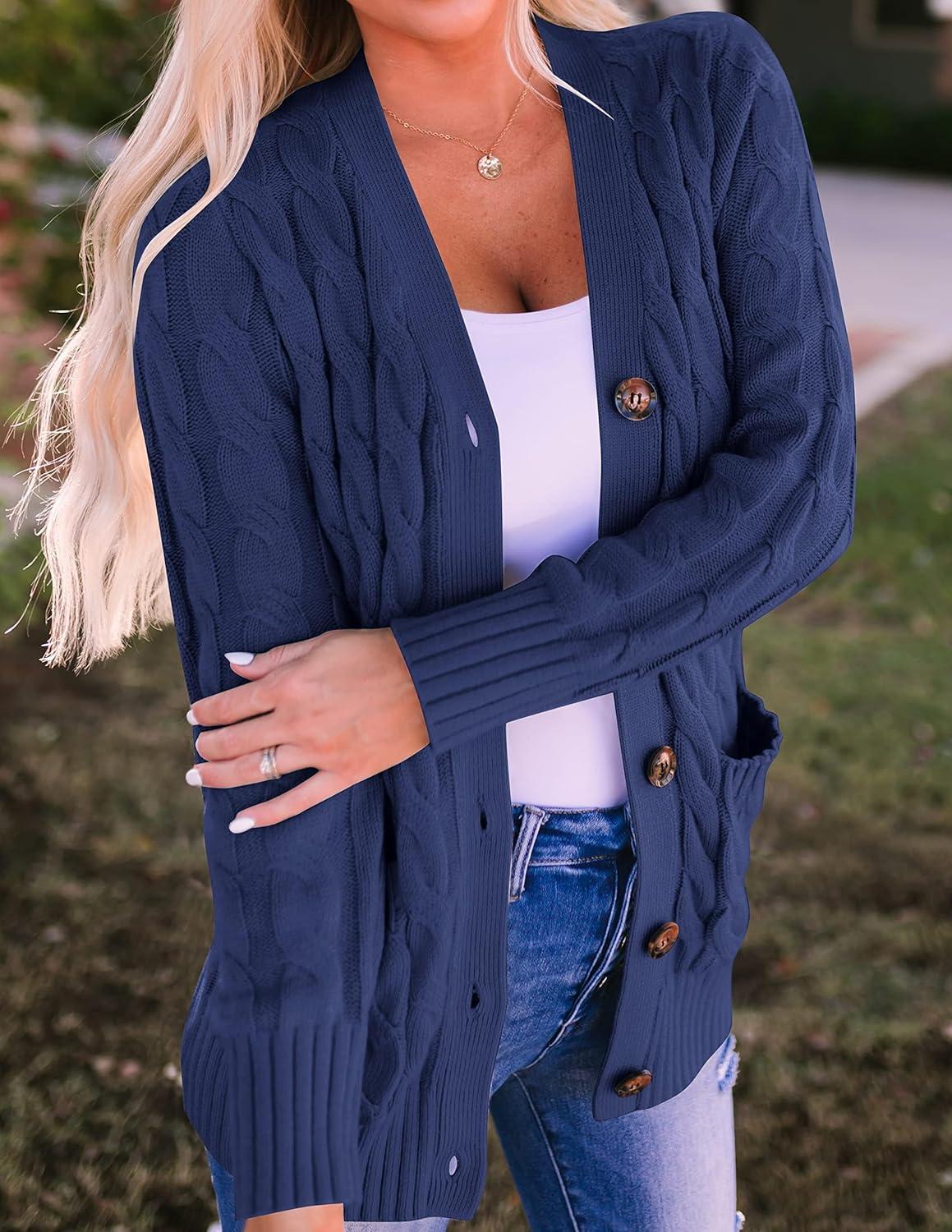 imageZESICA Womens Cardigan Sweaters 2026 Spring Button Down Open Front Cable Knit Casual Trendy Clothing OuterwearNavy