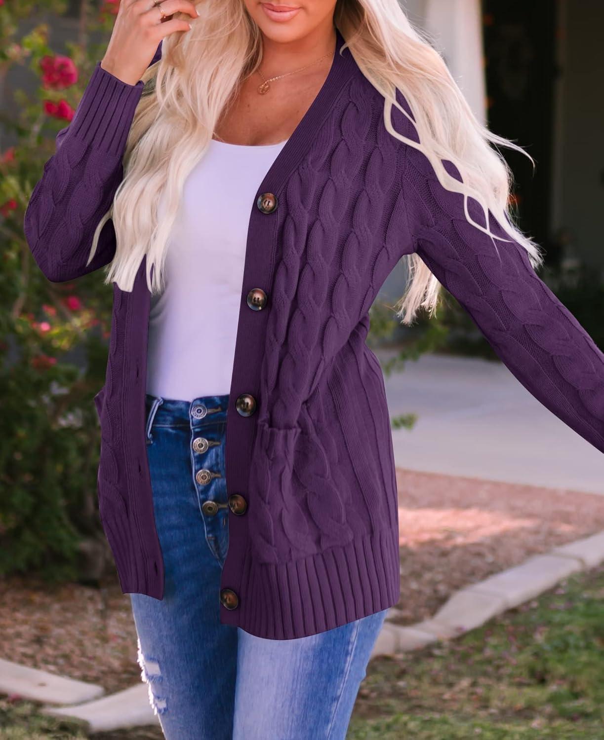 imageZESICA Womens Cardigan Sweaters 2026 Spring Button Down Open Front Cable Knit Casual Trendy Clothing OuterwearPlum