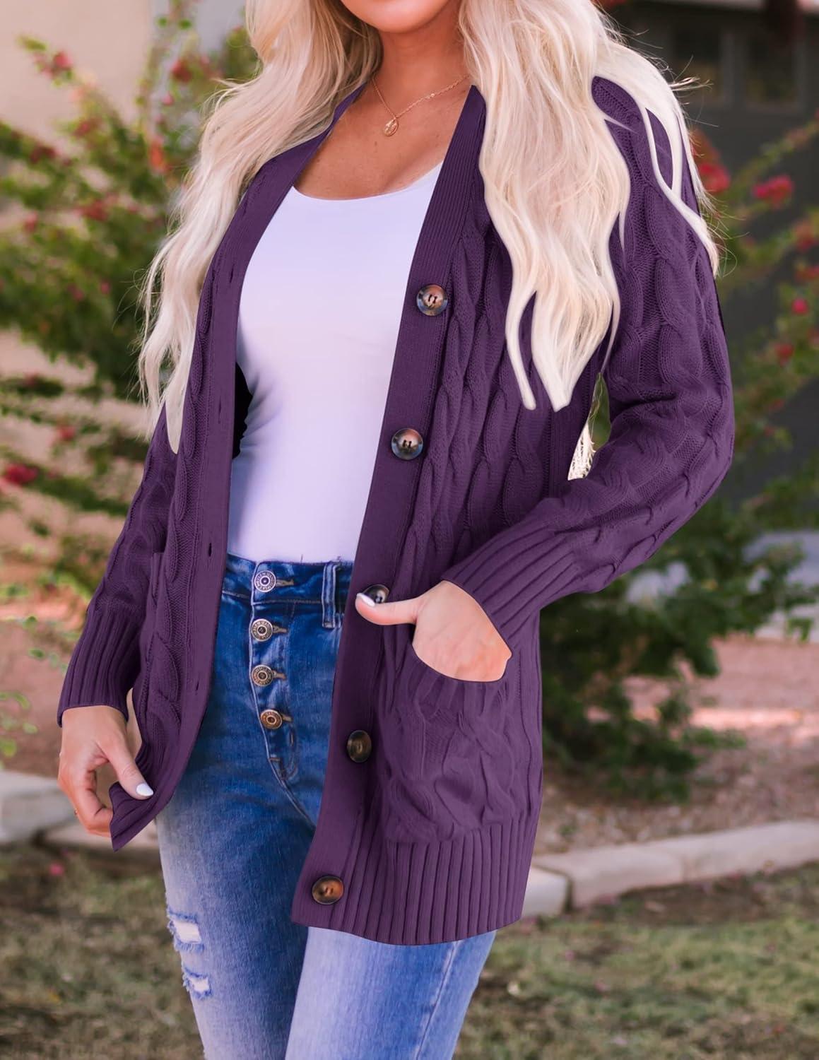 imageZESICA Womens Cardigan Sweaters 2026 Spring Button Down Open Front Cable Knit Casual Trendy Clothing OuterwearPlum