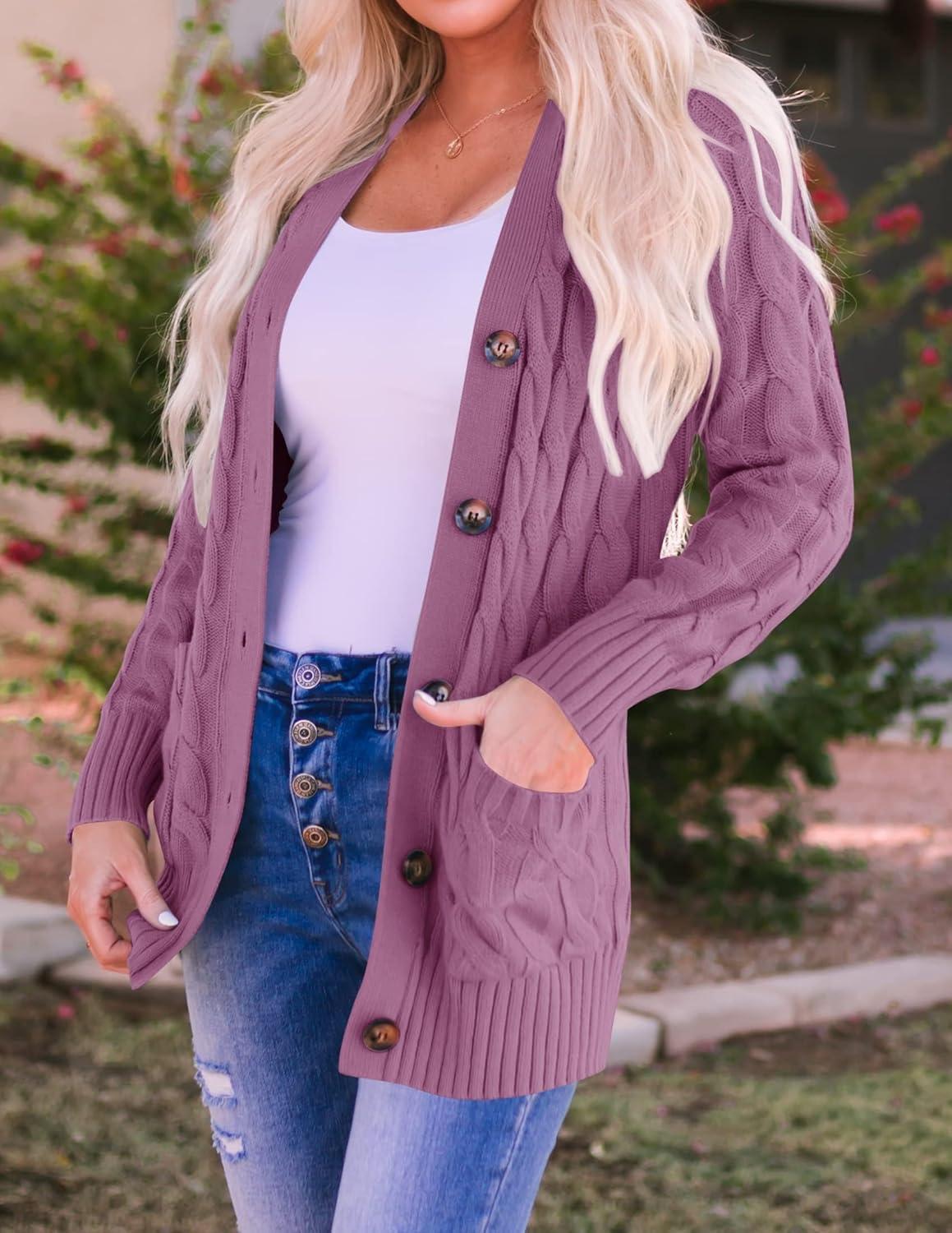 imageZESICA Womens Cardigan Sweaters 2026 Spring Button Down Open Front Cable Knit Casual Trendy Clothing OuterwearPurple
