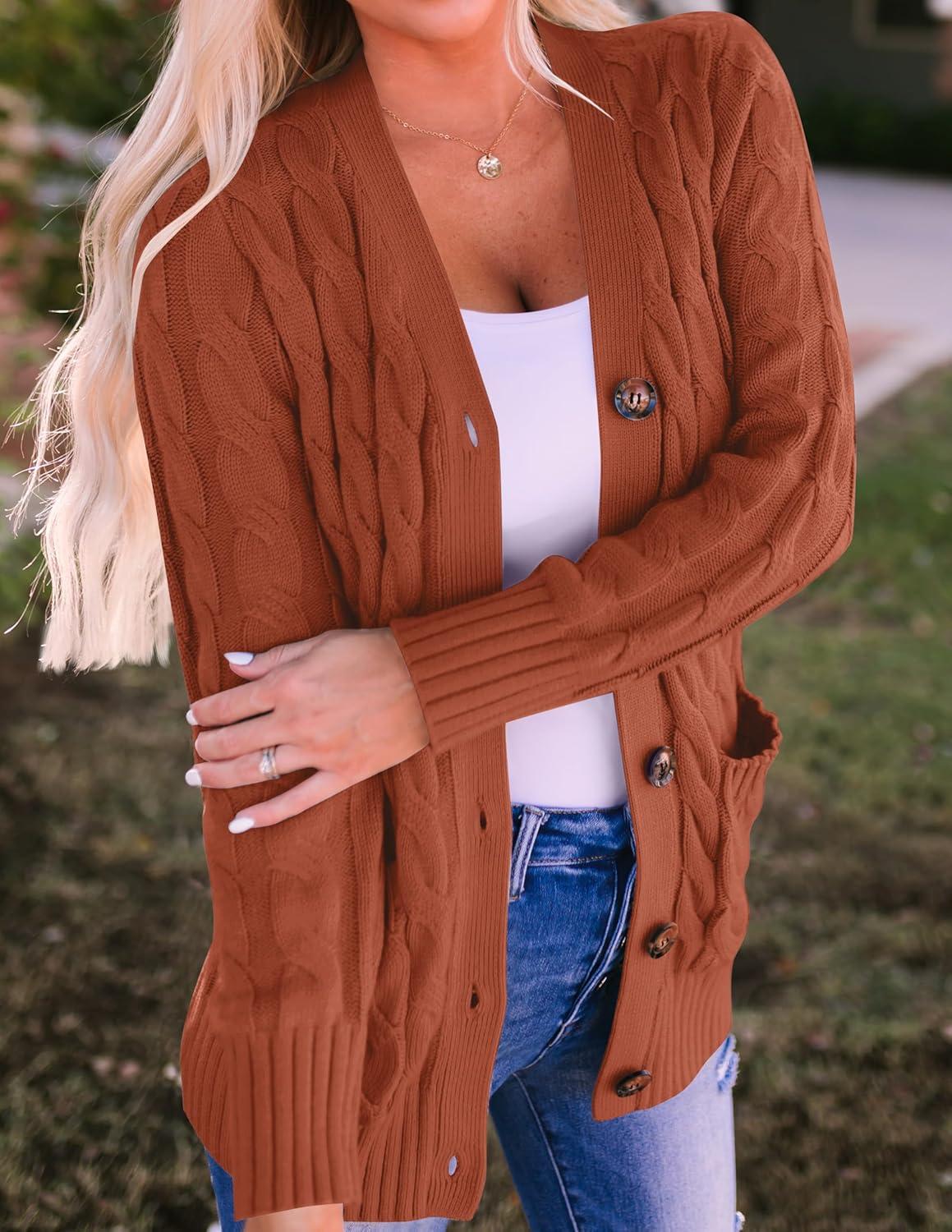 imageZESICA Womens Cardigan Sweaters 2026 Spring Button Down Open Front Cable Knit Casual Trendy Clothing OuterwearRust