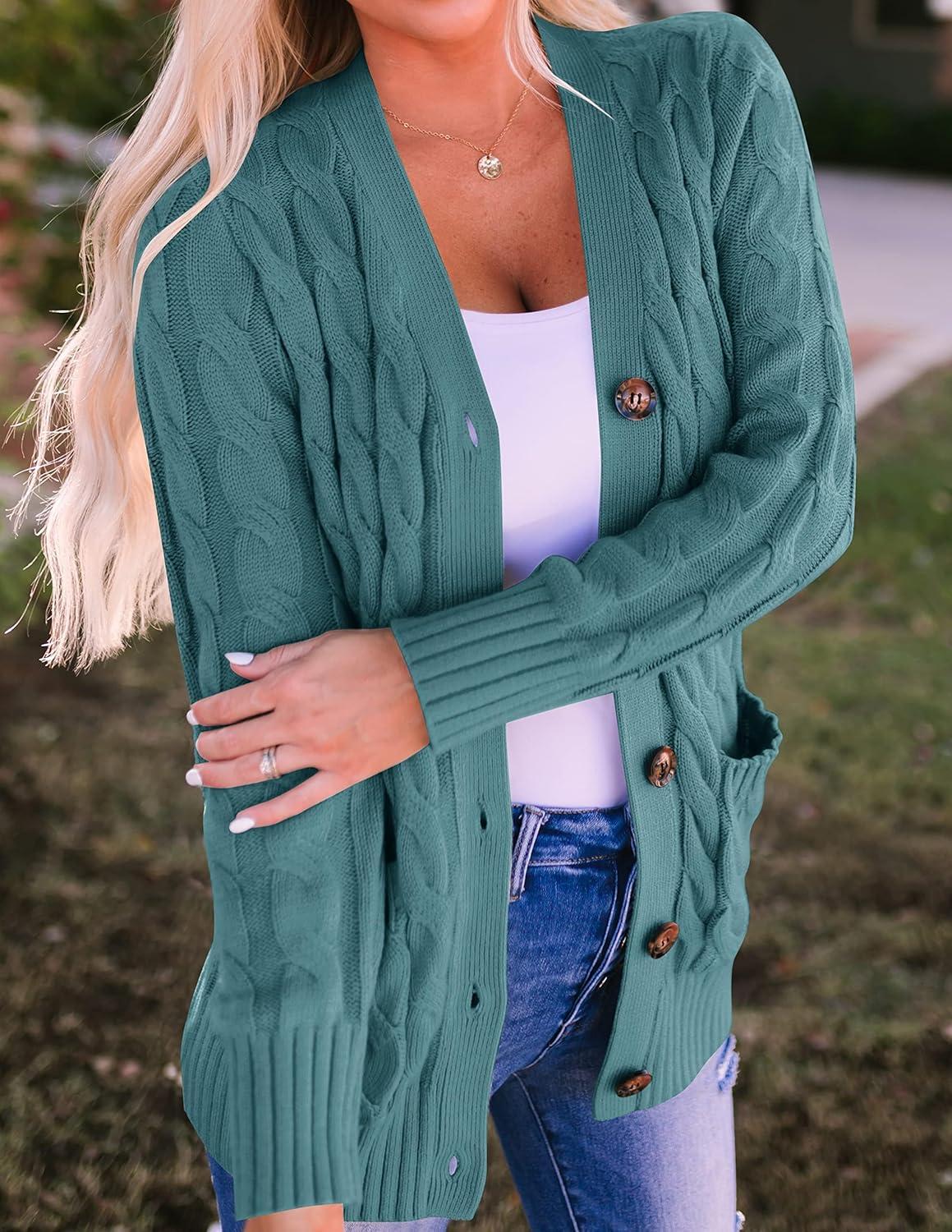 imageZESICA Womens Cardigan Sweaters 2026 Spring Button Down Open Front Cable Knit Casual Trendy Clothing OuterwearTealgreen
