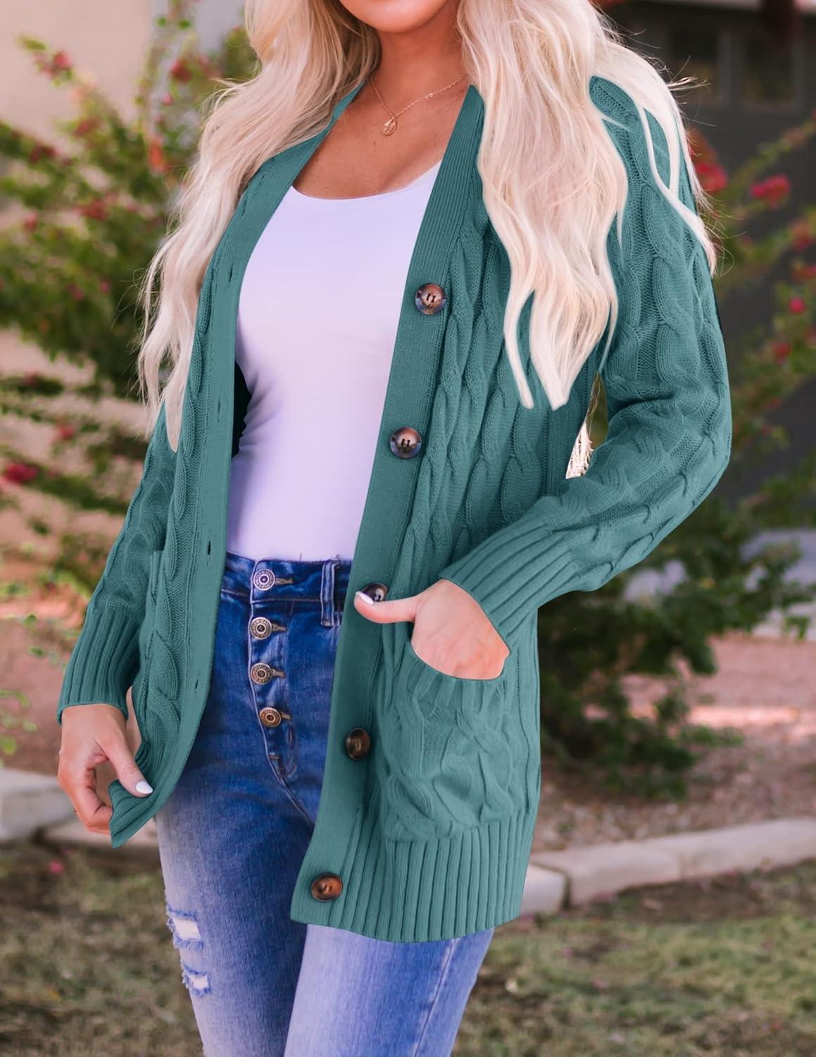 imageZESICA Womens Cardigan Sweaters 2026 Spring Button Down Open Front Cable Knit Casual Trendy Clothing OuterwearTealgreen