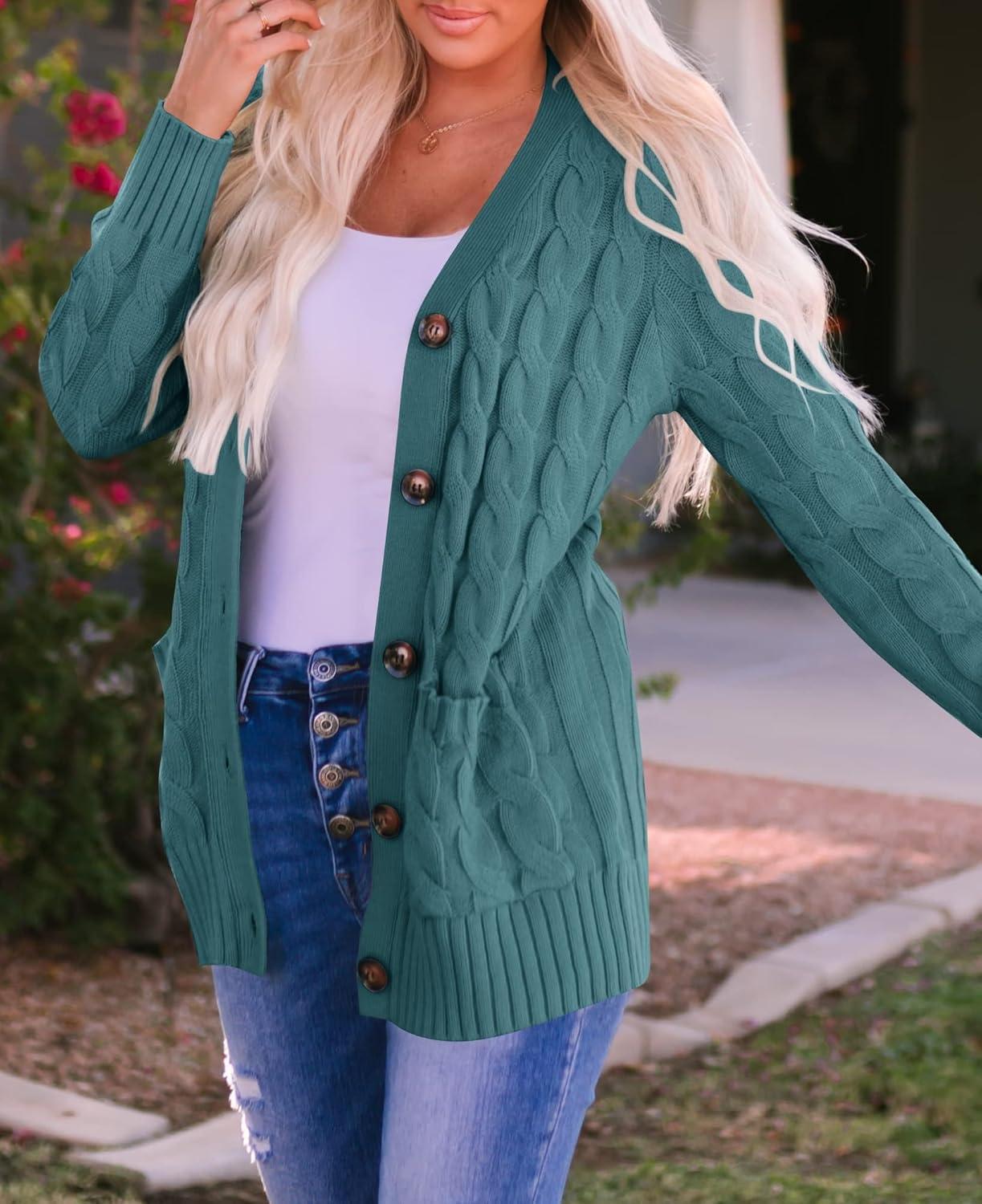 imageZESICA Womens Cardigan Sweaters 2026 Spring Button Down Open Front Cable Knit Casual Trendy Clothing OuterwearTealgreen