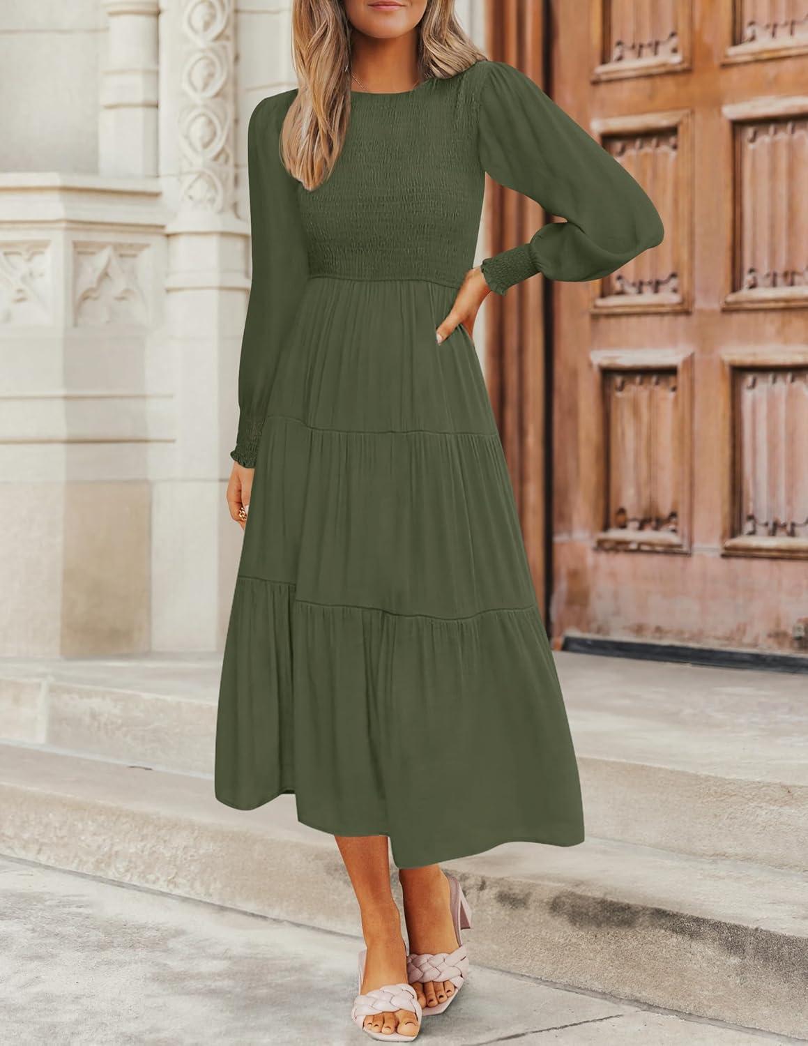 imageZESICA Womens Casual Long Sleeve Crew Neck High Waist Smocked Flowy Tiered Midi DressArmygreen