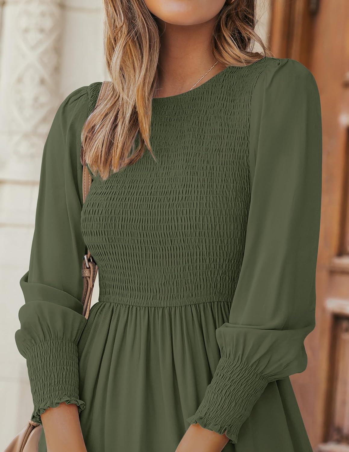imageZESICA Womens Casual Long Sleeve Crew Neck High Waist Smocked Flowy Tiered Midi DressArmygreen