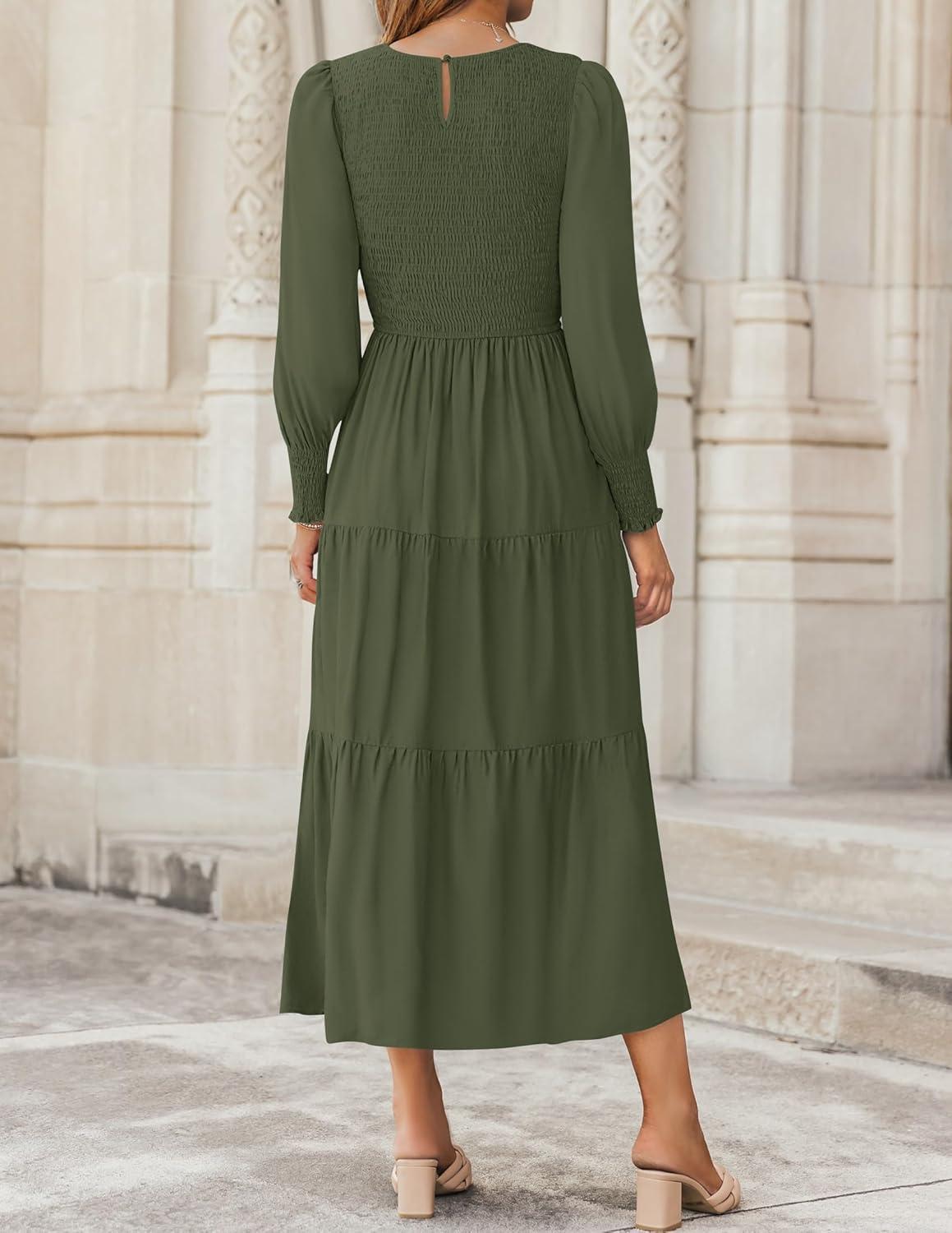 imageZESICA Womens Casual Long Sleeve Crew Neck High Waist Smocked Flowy Tiered Midi DressArmygreen