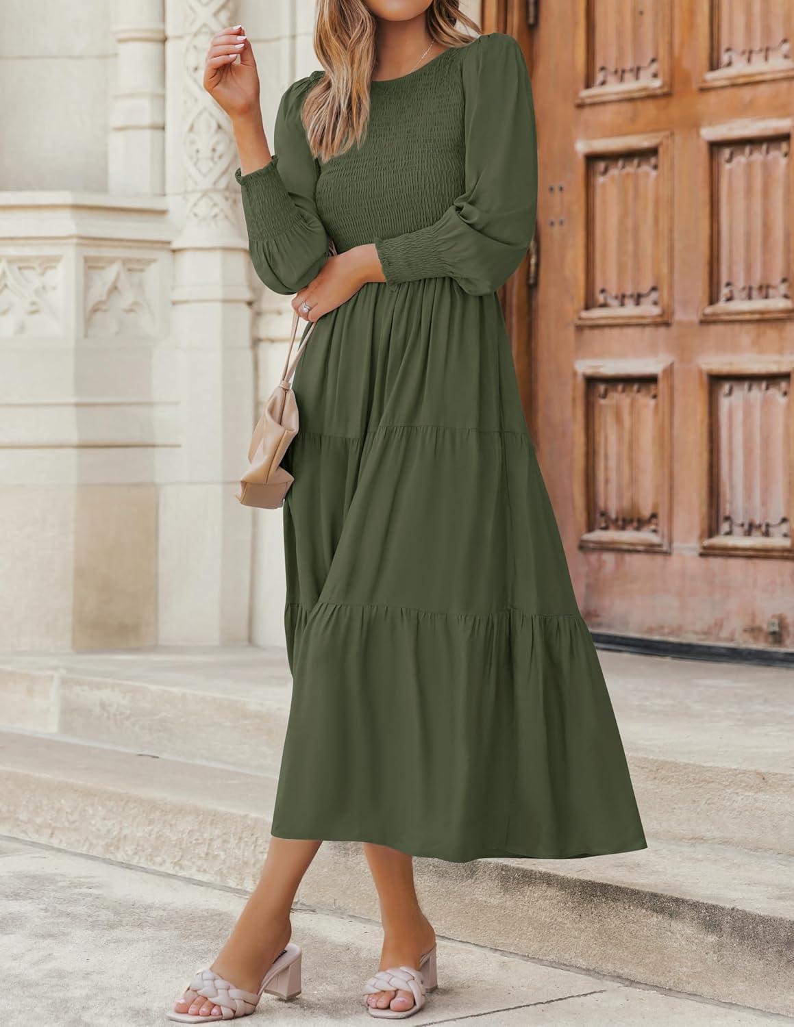 imageZESICA Womens Casual Long Sleeve Crew Neck High Waist Smocked Flowy Tiered Midi DressArmygreen