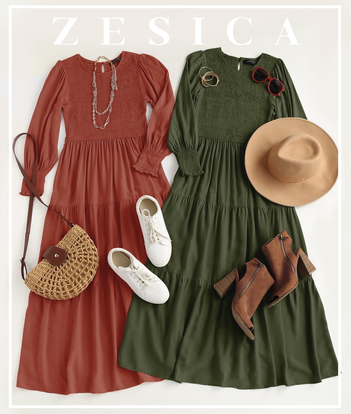 imageZESICA Womens Casual Long Sleeve Crew Neck High Waist Smocked Flowy Tiered Midi DressArmygreen