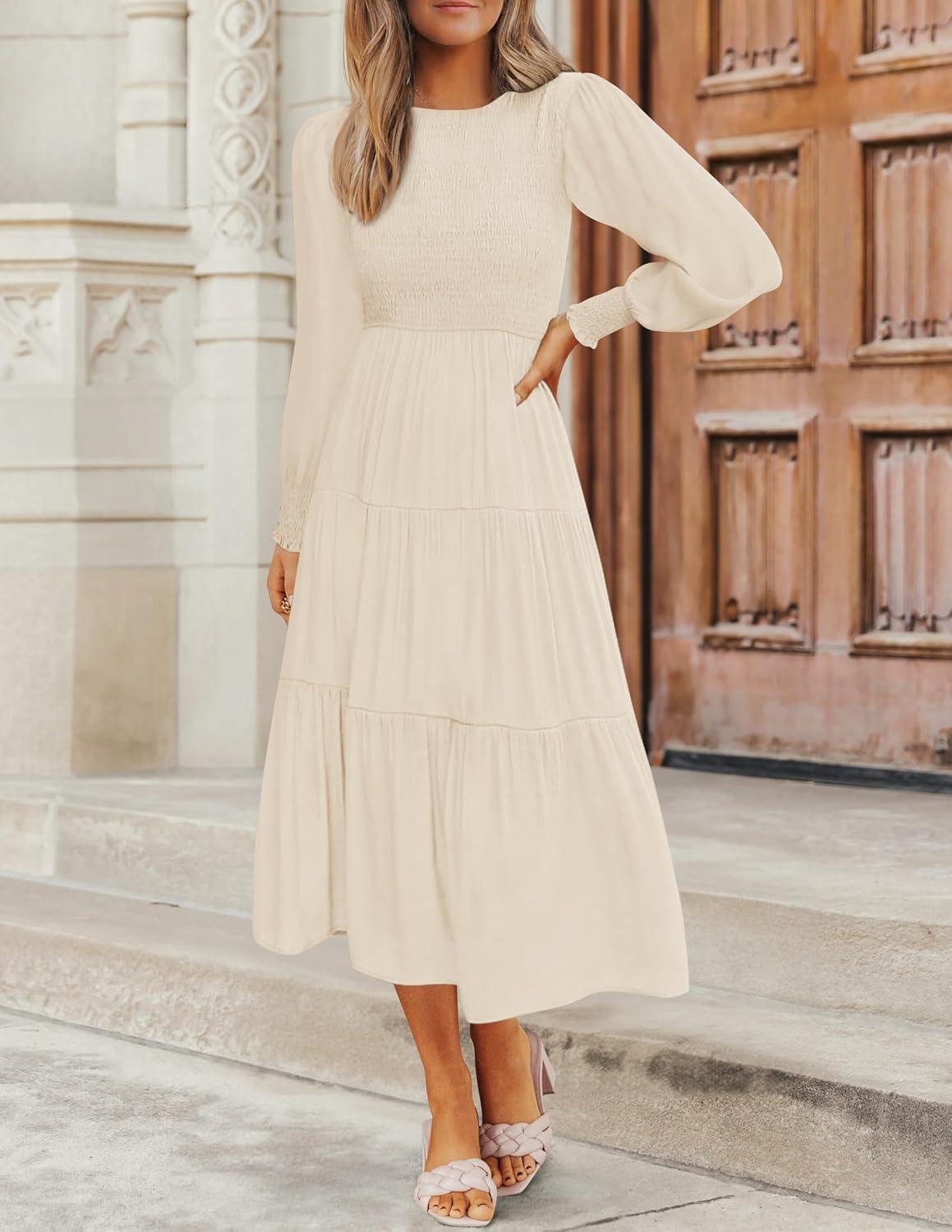 imageZESICA Womens Casual Long Sleeve Crew Neck High Waist Smocked Flowy Tiered Midi DressBeige