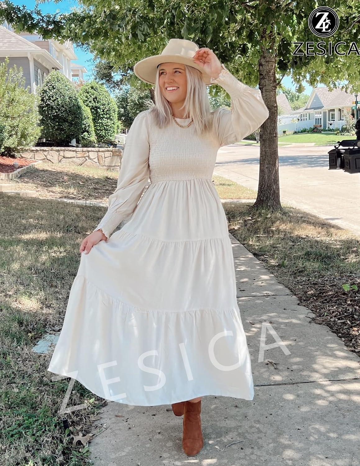 imageZESICA Womens Casual Long Sleeve Crew Neck High Waist Smocked Flowy Tiered Midi DressBeige