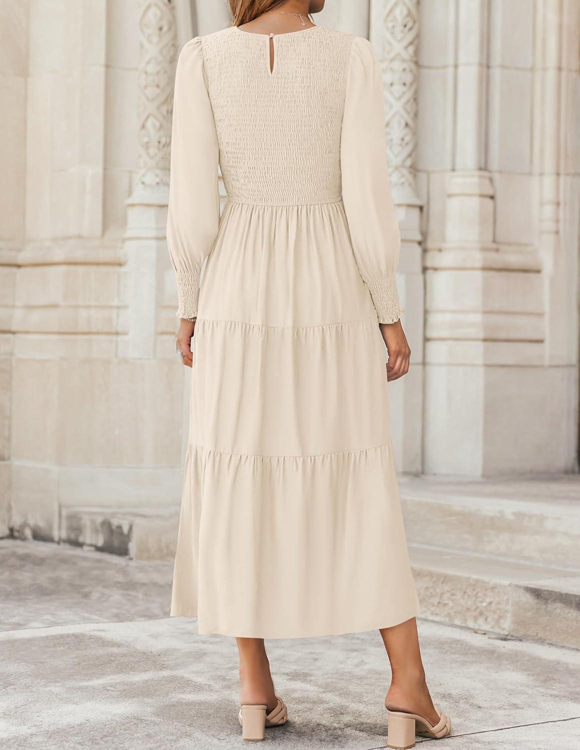 imageZESICA Womens Casual Long Sleeve Crew Neck High Waist Smocked Flowy Tiered Midi DressBeige