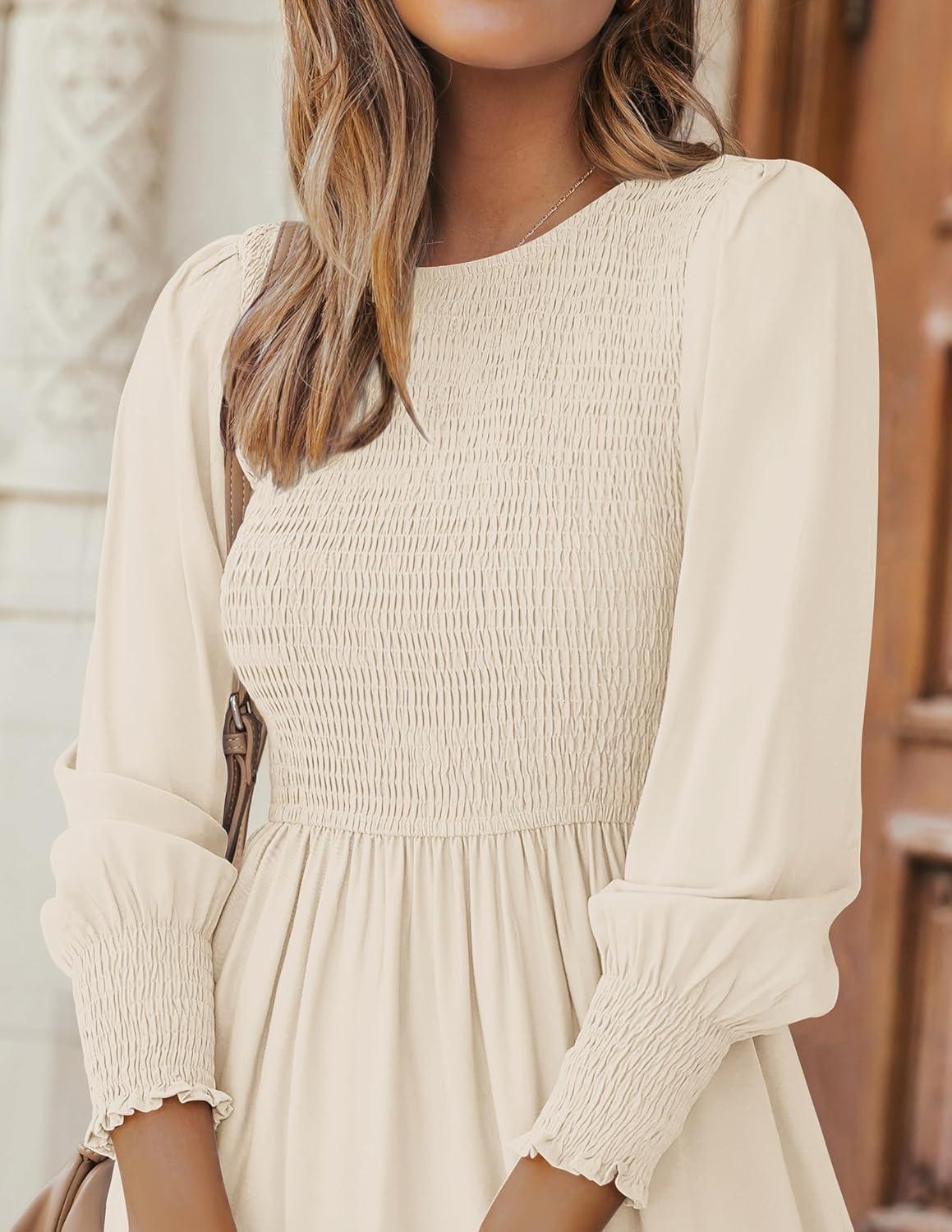 imageZESICA Womens Casual Long Sleeve Crew Neck High Waist Smocked Flowy Tiered Midi DressBeige