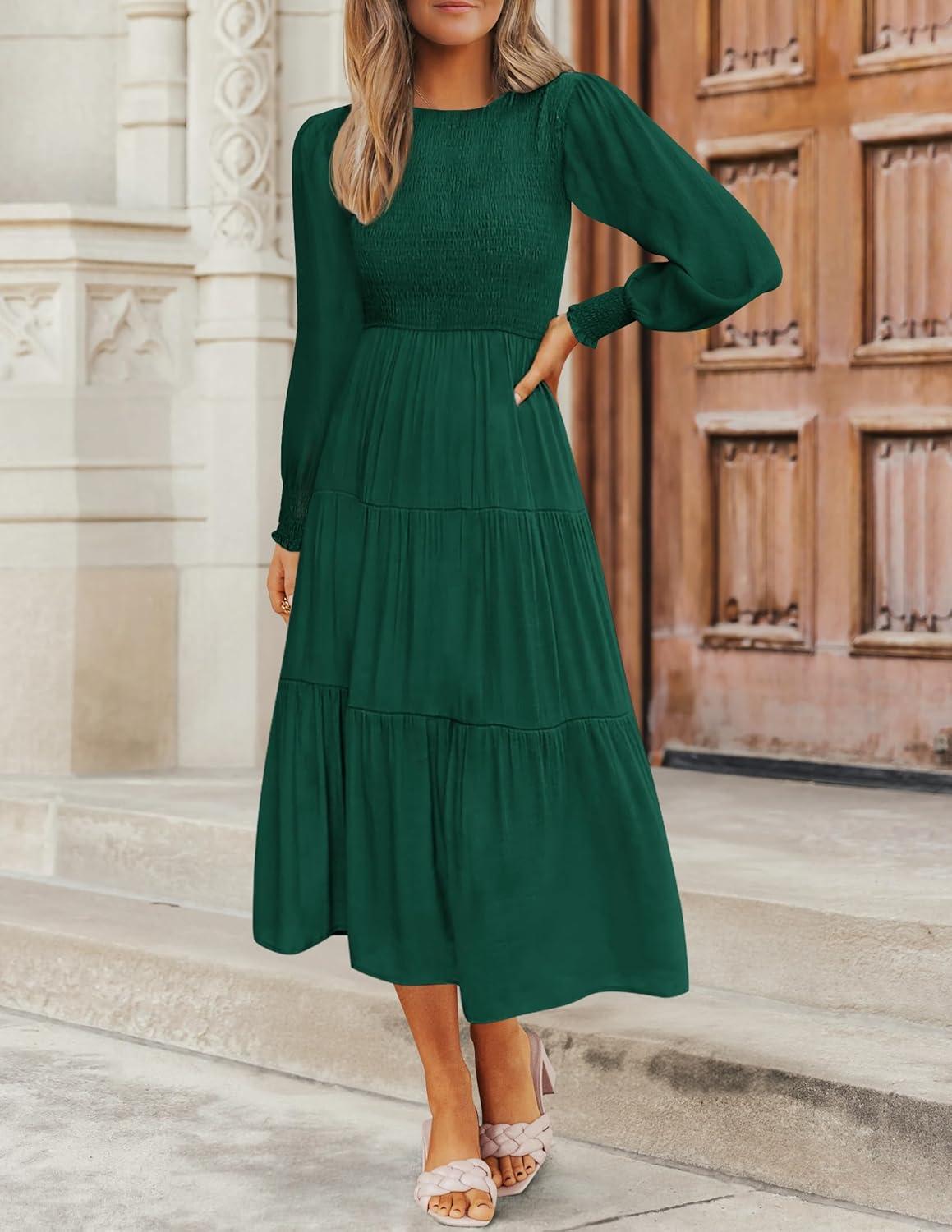 imageZESICA Womens Casual Long Sleeve Crew Neck High Waist Smocked Flowy Tiered Midi DressDarkgreen