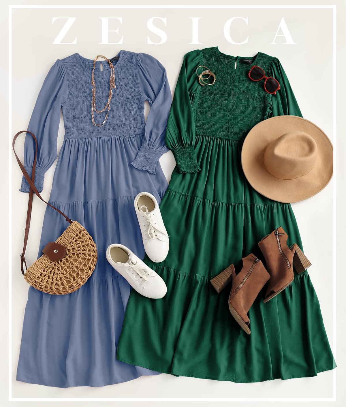 imageZESICA Womens Casual Long Sleeve Crew Neck High Waist Smocked Flowy Tiered Midi DressDarkgreen