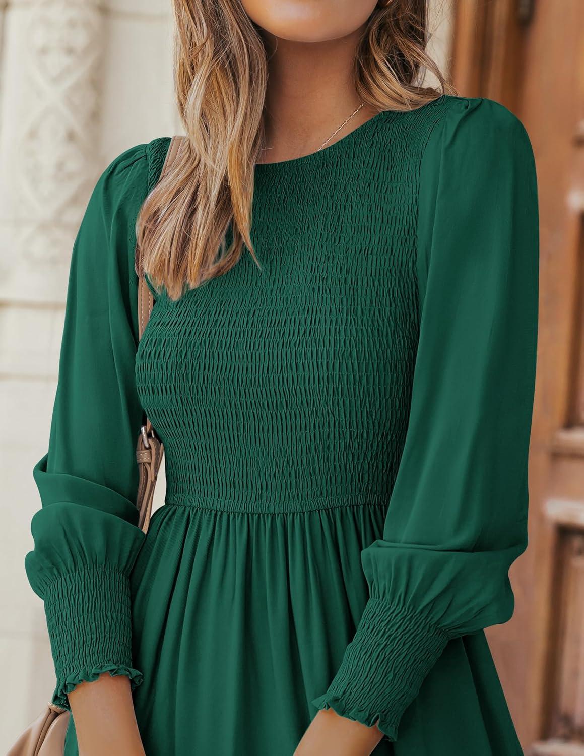 imageZESICA Womens Casual Long Sleeve Crew Neck High Waist Smocked Flowy Tiered Midi DressDarkgreen