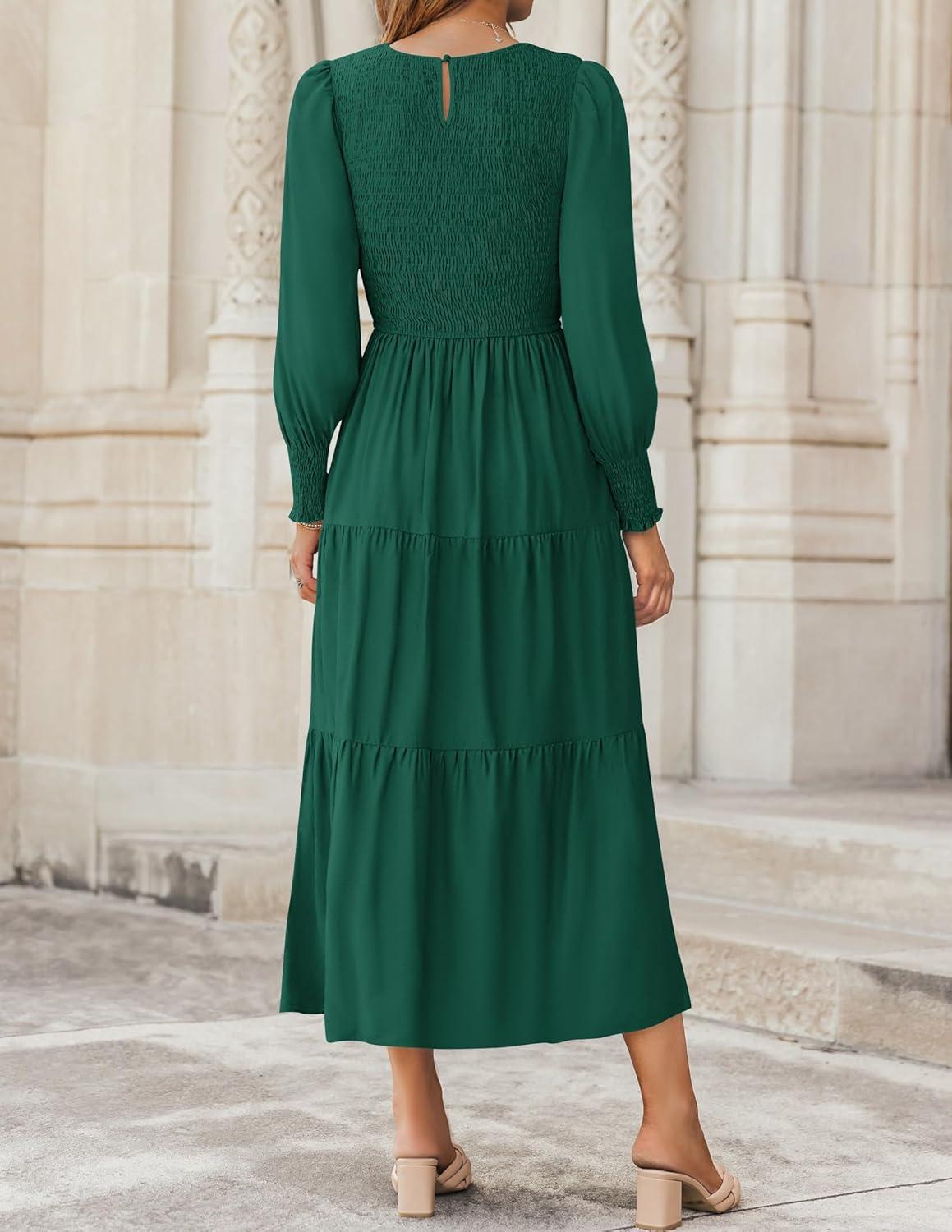 imageZESICA Womens Casual Long Sleeve Crew Neck High Waist Smocked Flowy Tiered Midi DressDarkgreen
