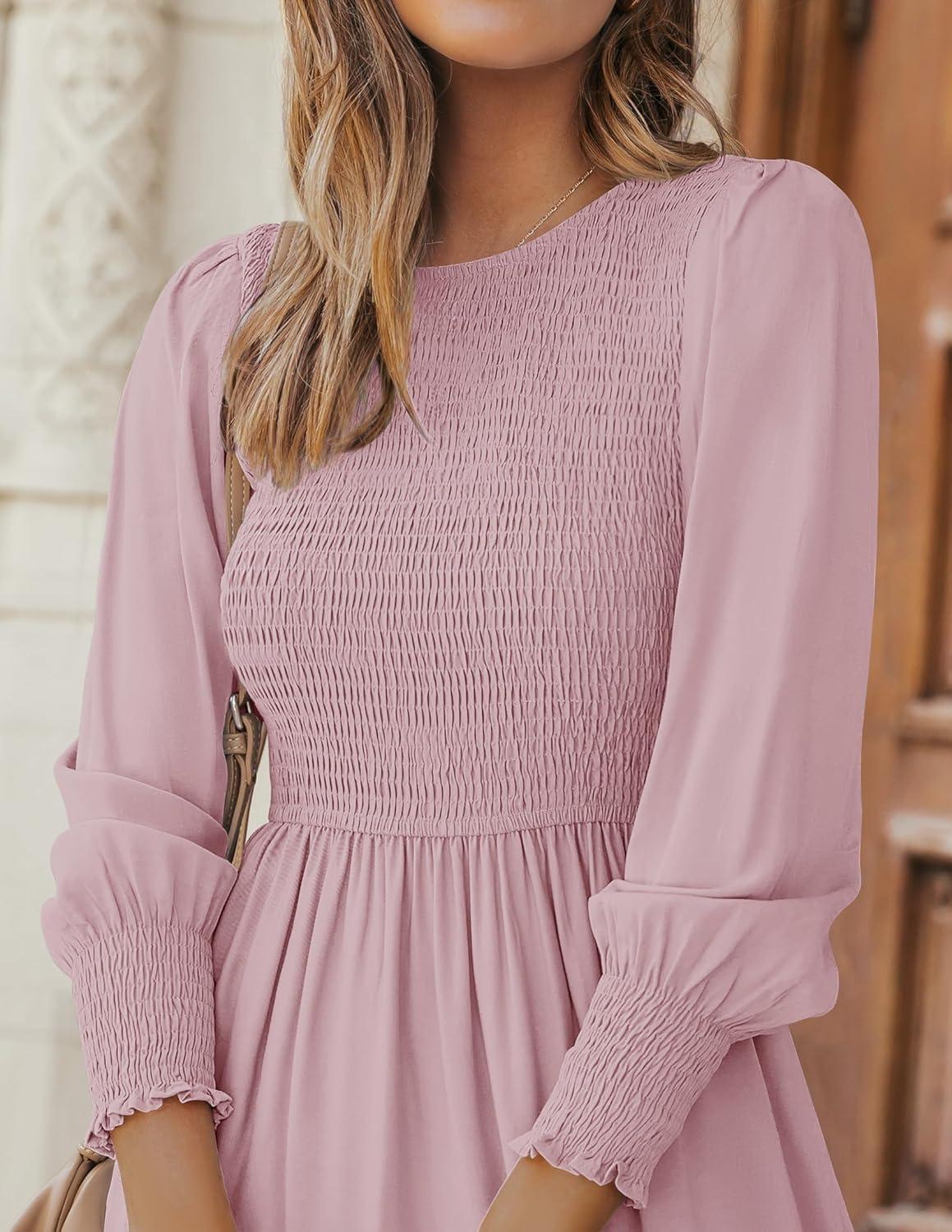 imageZESICA Womens Casual Long Sleeve Crew Neck High Waist Smocked Flowy Tiered Midi DressDarkpink