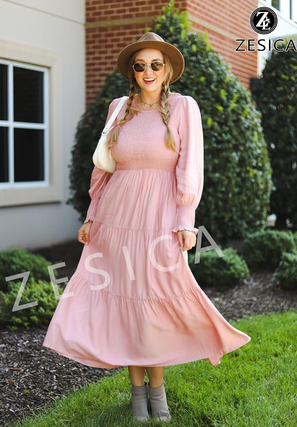 imageZESICA Womens Casual Long Sleeve Crew Neck High Waist Smocked Flowy Tiered Midi DressDarkpink