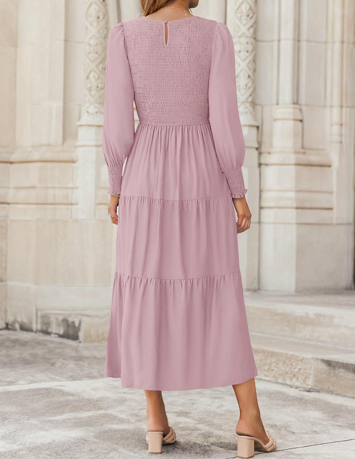 imageZESICA Womens Casual Long Sleeve Crew Neck High Waist Smocked Flowy Tiered Midi DressDarkpink