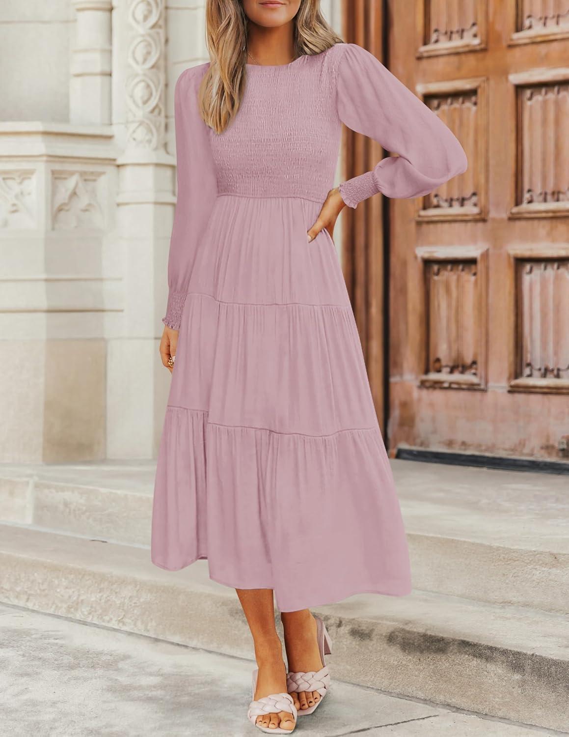 imageZESICA Womens Casual Long Sleeve Crew Neck High Waist Smocked Flowy Tiered Midi DressDarkpink