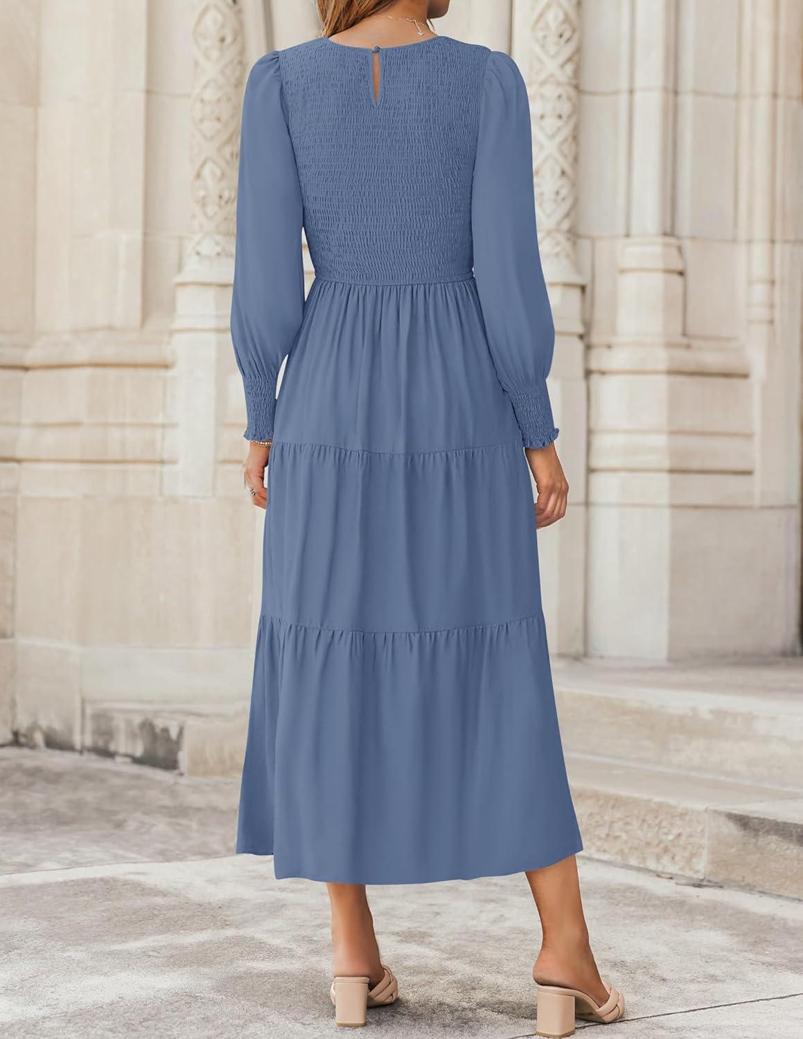 imageZESICA Womens Casual Long Sleeve Crew Neck High Waist Smocked Flowy Tiered Midi DressDustyblue